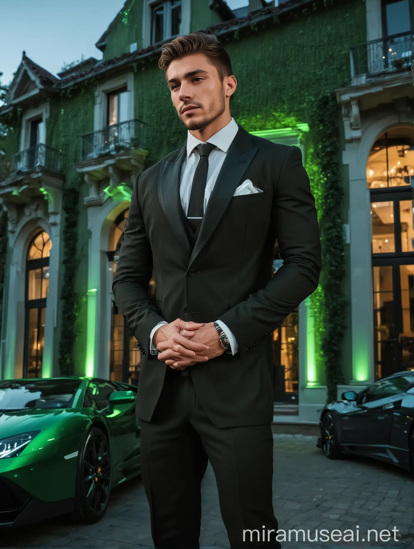 A handsome young muscular man in a suit attire, standing close to a green luminous mansion, with luminous Lamborghini behind him