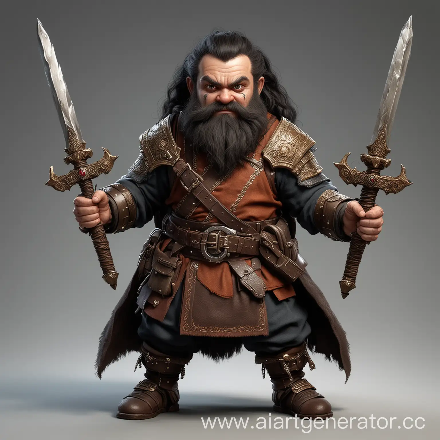 a dwarf in rich clothes with 2 swords in his hands, black hair, brown eyes