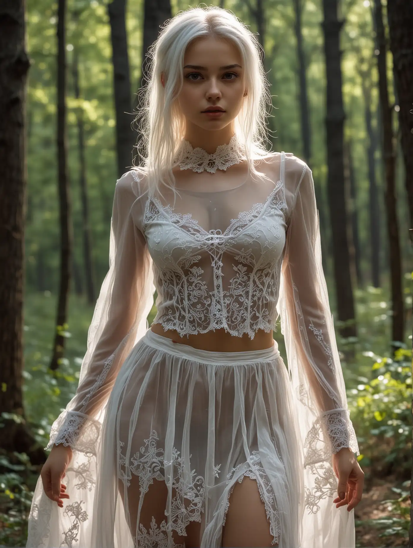 Photo of a beautiful 18 y.o. russian model, wide shot, detailed skin, perfect body, perfect hips, very detailed, 4K HQ, 8K HDR, High contrast, shadows, white hair, sexy gothic theme, white sheer top and white sheer skirt, in forest, full body view, nsfw