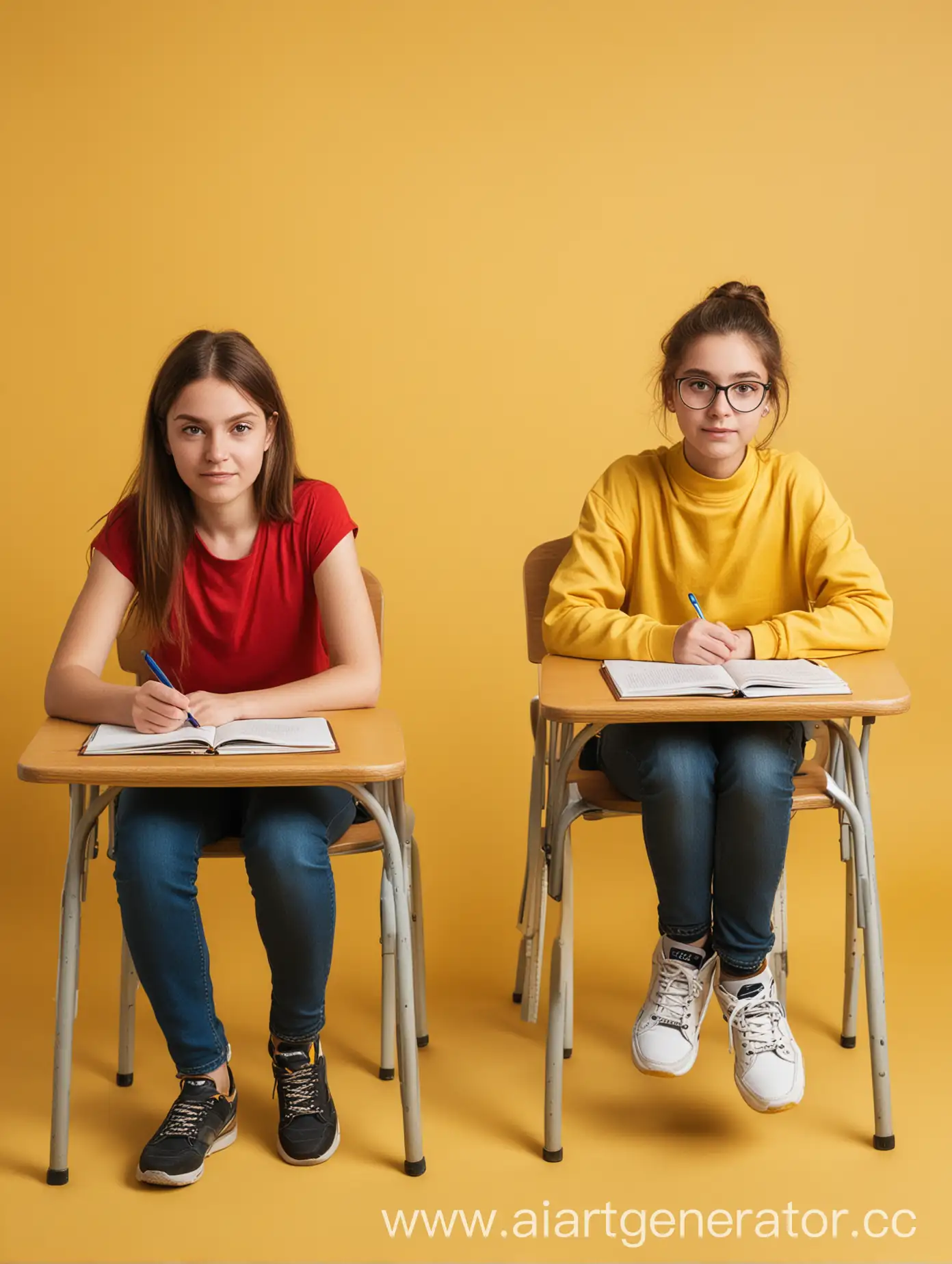  two students sitting at their desks on a yellow background