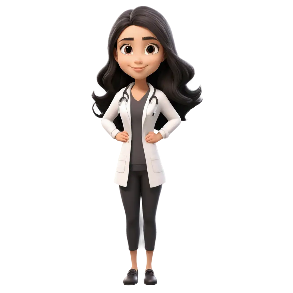 Beautiful-Girl-Cartoon-Character-PNG-Brown-Eyes-Black-Hair-and-Doctor-Clothes