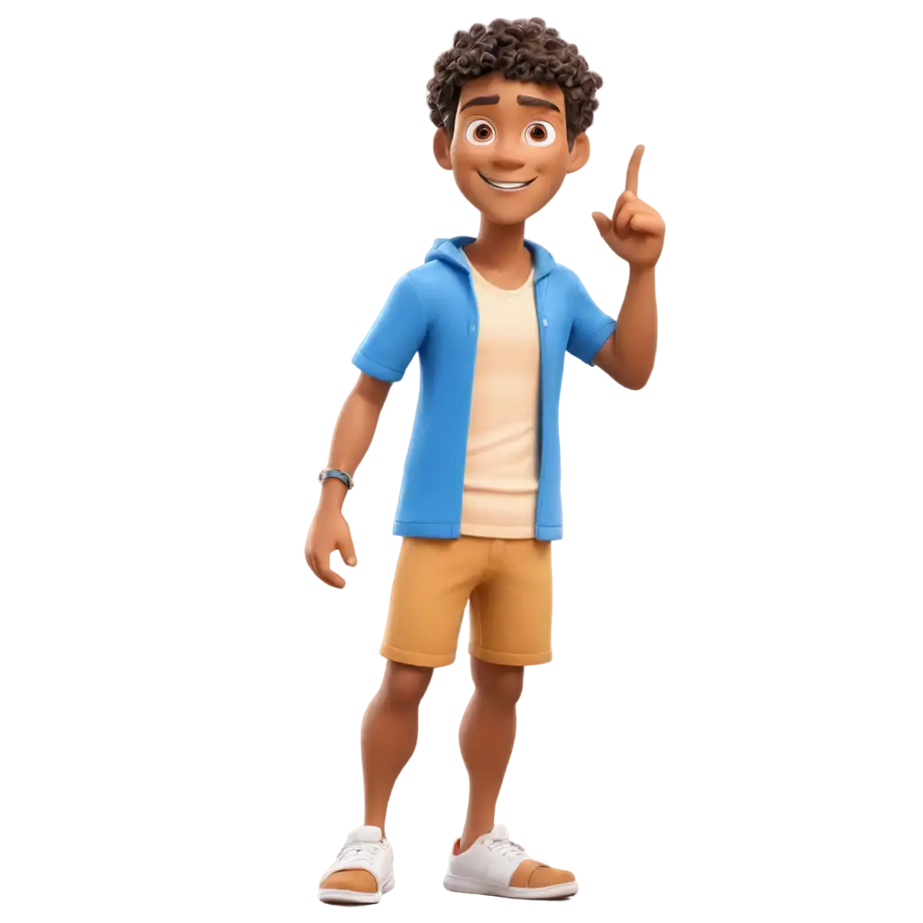 3D, a person in beach clothes is pointing to his right