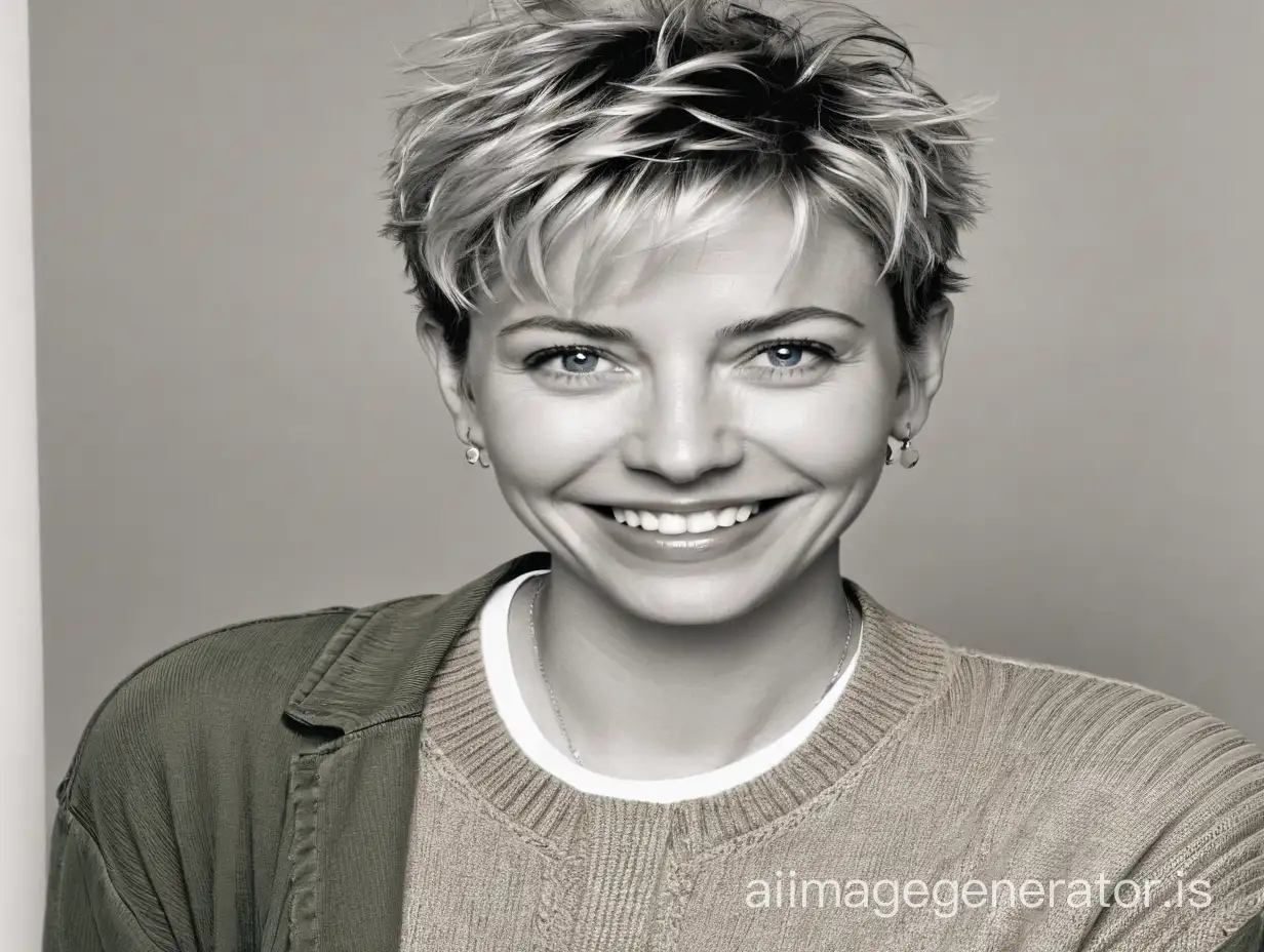 Attractive woman, 20 years old. Very short blonde tousled scruffy hair,  cheeky grinning face, vivid crystal blue eyes, wearing Jeans, white T-shirt jumper and blue jacket. Looks a bit like Meg Ryan.