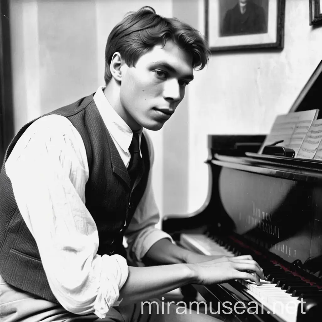 Молодой Борис Пастернак (26 лет) сидит за пианино и играет на нём, в комнате дома, в кофте. 1920г. (видео в цвете)