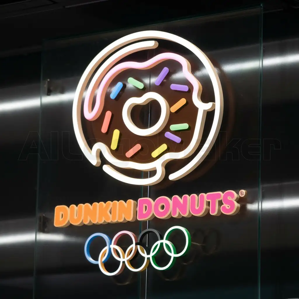 a logo design,with the text "Dunkin Donuts Olympics", main symbol:neon chocolate donut with sprinkles and 5 olympic rings,complex,be used in Events industry,clear background