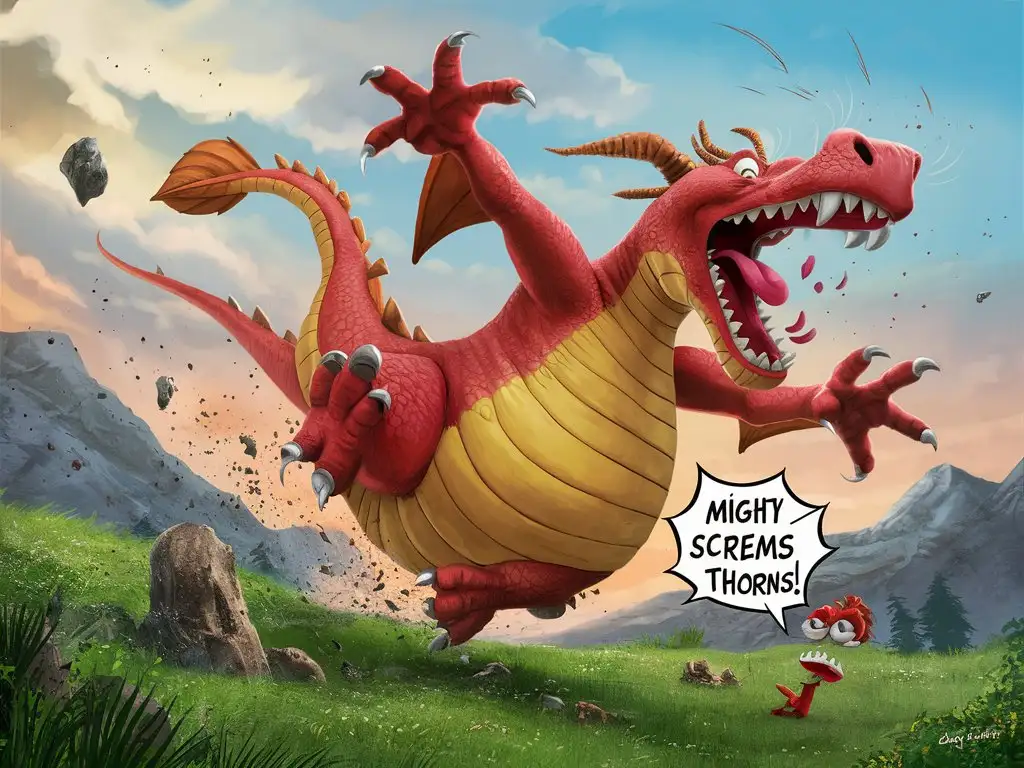 Embark on a whimsical 8k adventure with "Mighty Dragon Screams Thorns," where the ferocity of a 8k dragon meets the hilarity of a comedy routine. Accomplished cartoonist Gary Larson transports you to a scene of uproarious chaos, as a towering 8k dragon, with a comically exaggerated expression of shock and dismay, leaps into the air after accidentally stepping on a tiny thorn. With his signature wit and knack for visual humor, Larson depicts the dragon's exaggerated reaction with hilariously exaggerated movements, its mouth wide open in a cartoonish scream, and its eyes bulging in comedic disbelief. Meanwhile, the tiny thorn, barely visible beneath the dragon's massive foot, serves as the unexpected catalyst for this side-splitting spectacle. Prepare to be entertained and amused as you witness the "Mighty Dragon Screams" in a scene that blends epic fantasy with uproarious comedy.