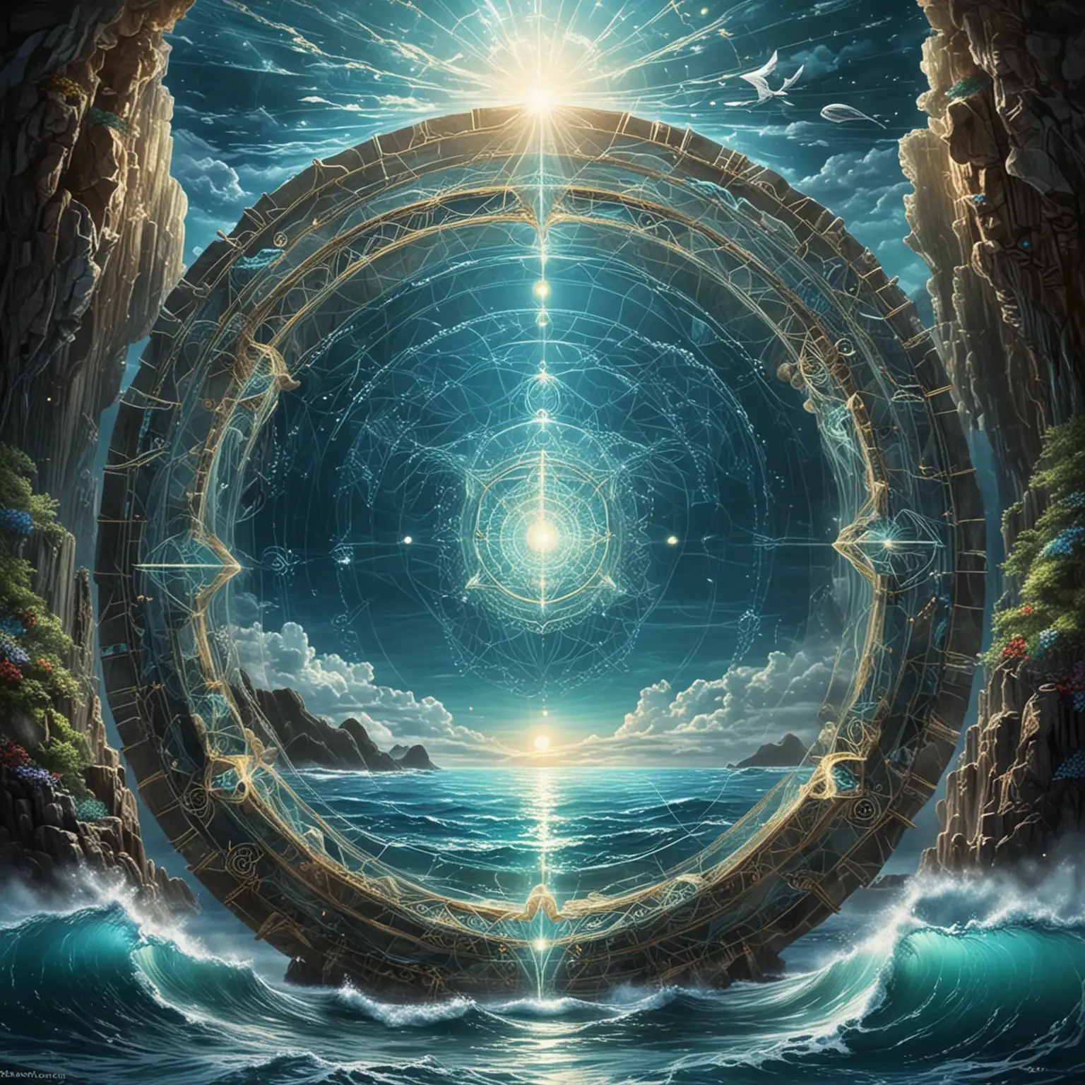Lemuria portal ocean with light codes and sacred geometry