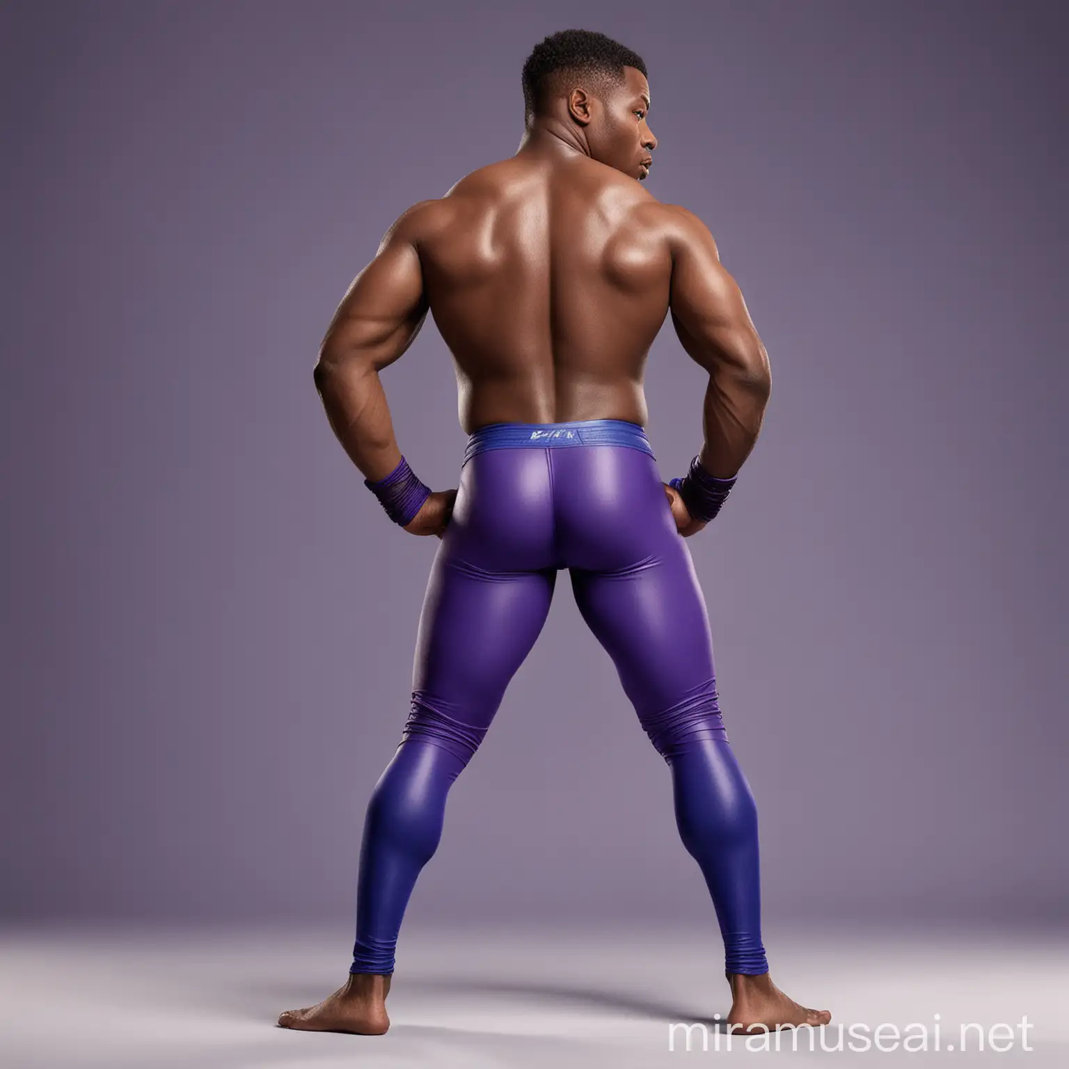 Charming shirtless muscular 30 year old male African American wrestler, with brown eyes, wearing  long cobalt blue (leaning to purple) and black spandex leggings, plus some energy wristbands. Rear view.  Pixar style art.