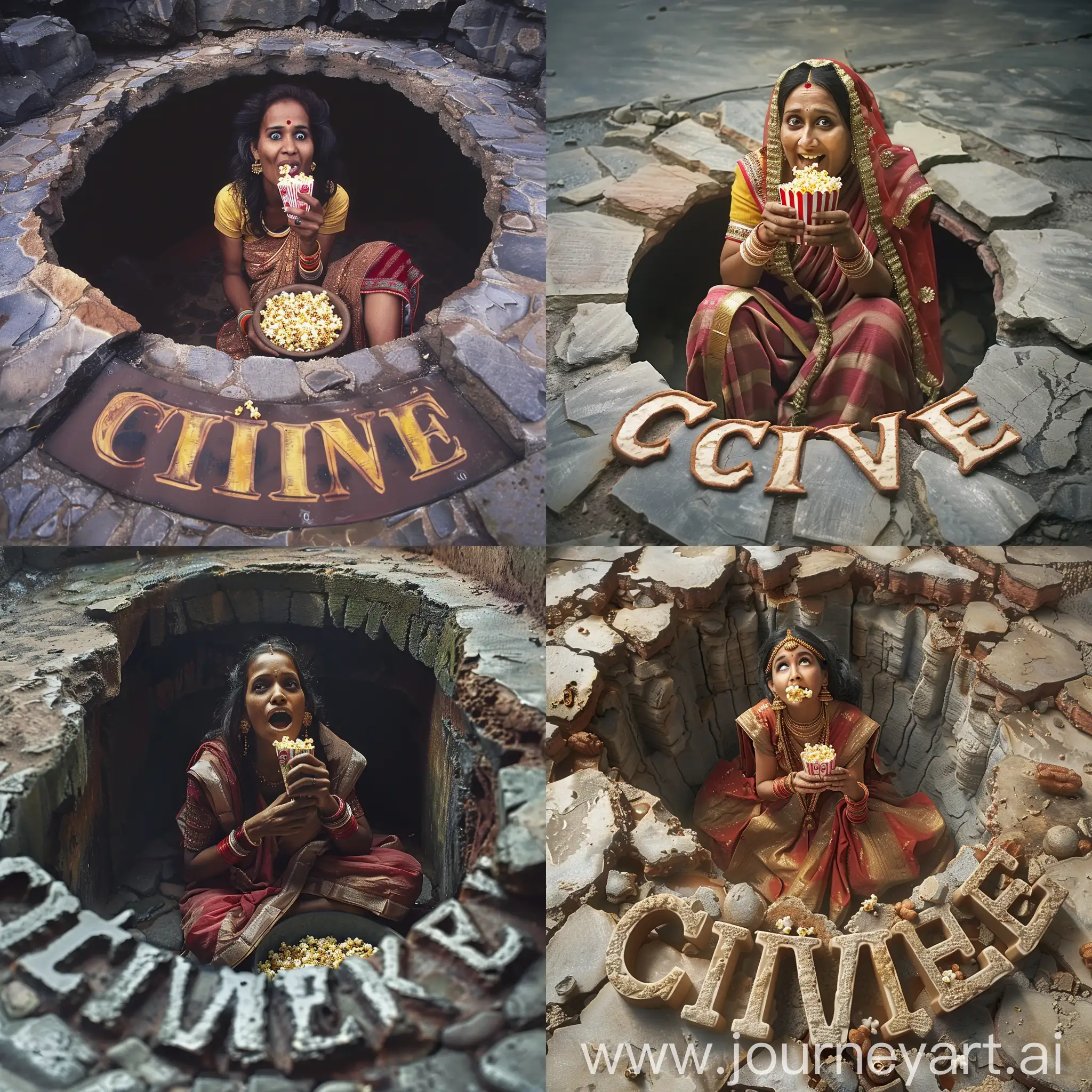 an Indian woman eating popcorn, sitting in the name `CineKmetá` that emerges from the floor made of stone
