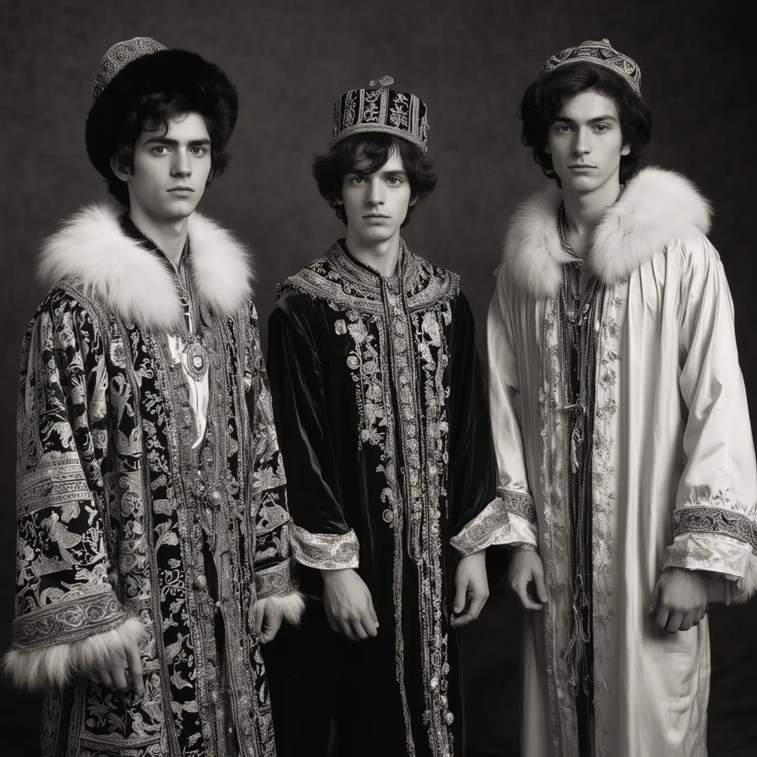Black and white; two unattractive young men stand side by side; they both wear ornamental robes like philosophers and have fur collars; one wears a fez hat and one has long hair; behind them is an unattractive woman who is skinny with black hair in a tight blouse