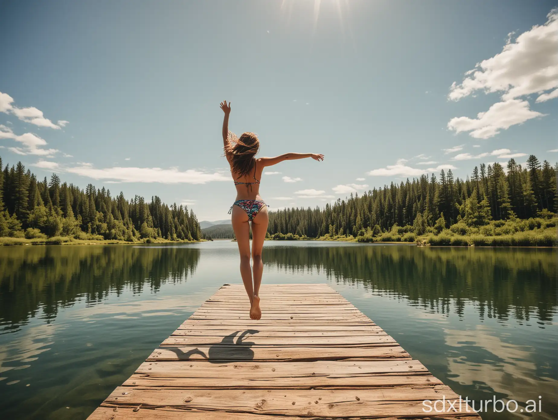 Create a photograph of a female model in a bikini,  jumping off the end of a wooden dock, into a lake in a beautiful American landscape. Lifestyle photography. Wide angle lens.