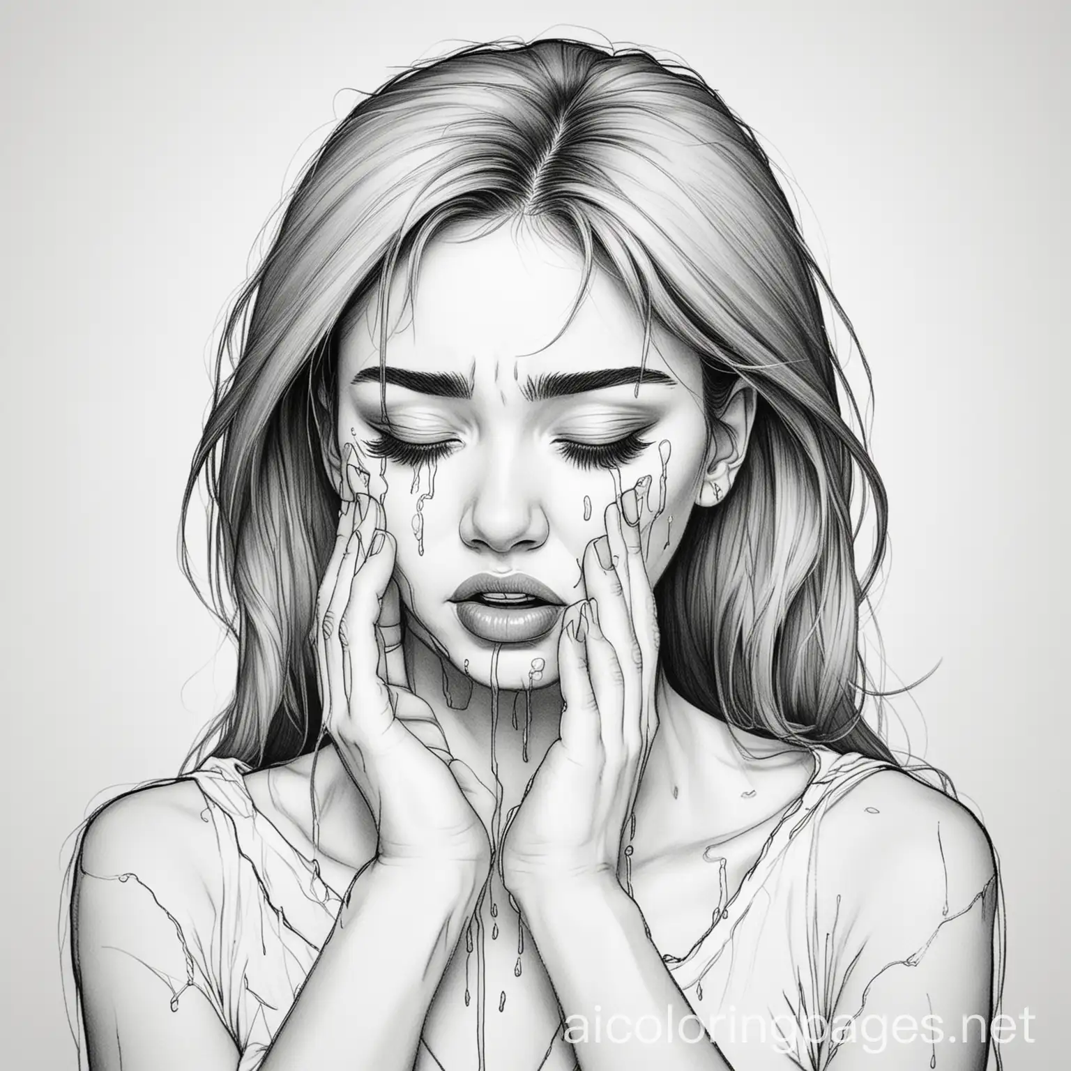 Female crying, broken heart, Coloring Page, black and white, line art, white background, Simplicity, Ample White Space