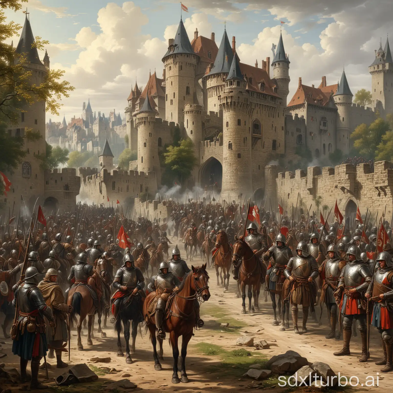 Middle Ages, year 1650. Troops with soldiers in front of the castle withdraw 