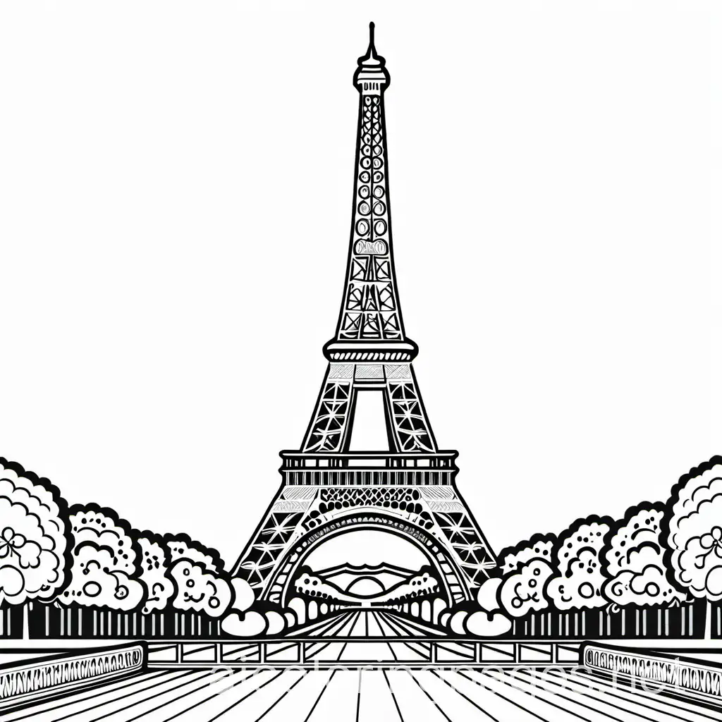 Eiffel Tower (Paris, France), Coloring Page, black and white, line art, white background, Simplicity, Ample White Space. The background of the coloring page is plain white to make it easy for young children to color within the lines. The outlines of all the subjects are easy to distinguish, making it simple for kids to color without too much difficulty
