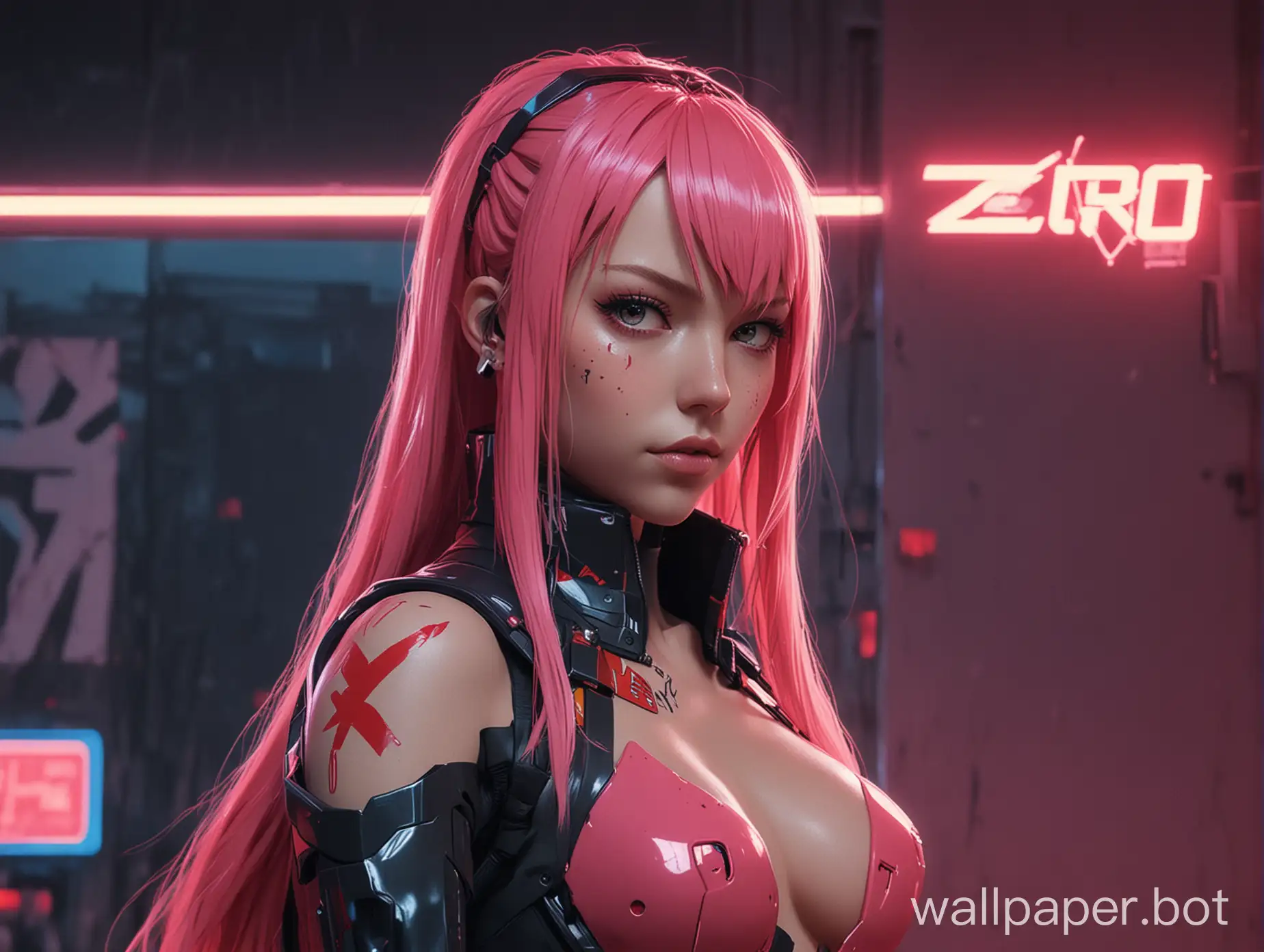 Zero Two from Darling in the Franxx in Cyberpunk 2077 neon style