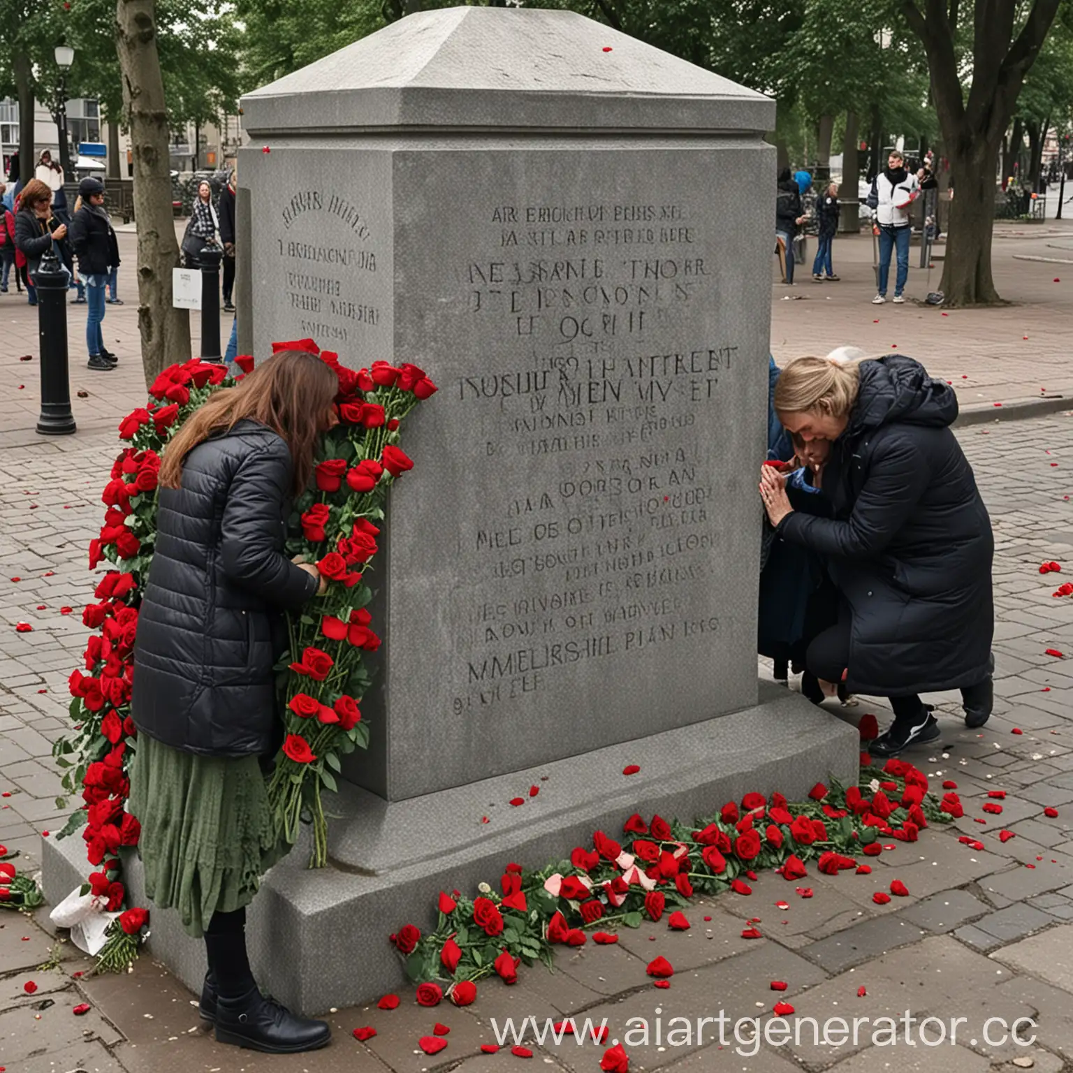 Люди кладут розы на памятник грустно