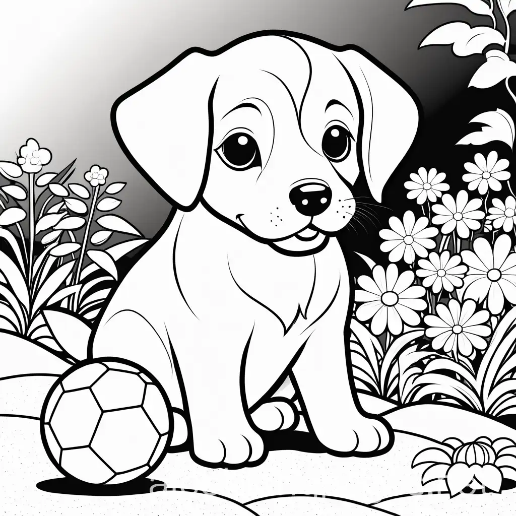 cute little puppy playing in the garden with a ball, Coloring Page, black and white, line art, white background, Simplicity, Ample White Space. The background of the coloring page is plain white to make it easy for young children to color within the lines. The outlines of all the subjects are easy to distinguish, making it simple for kids to color without too much difficulty