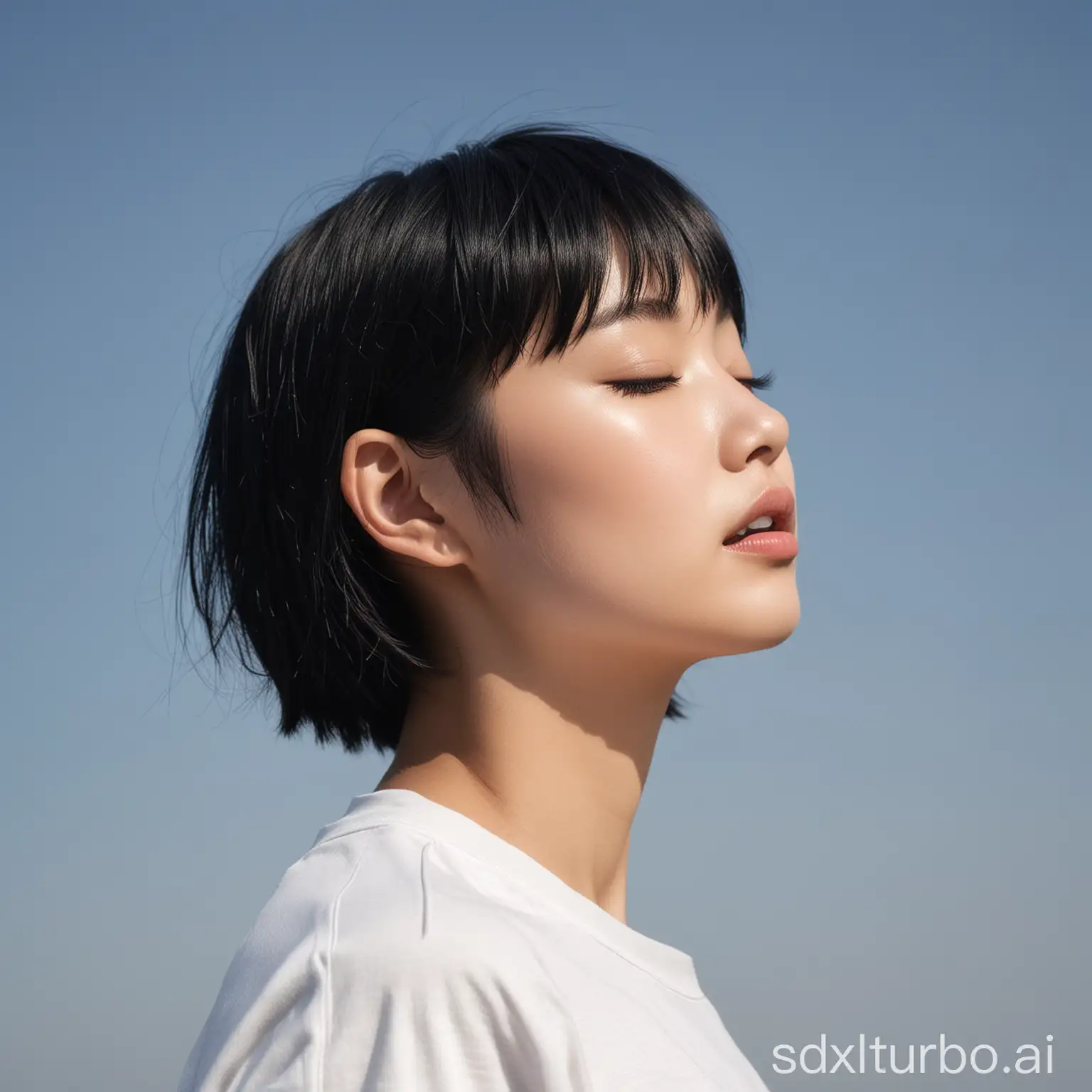 Beautiful Asian girl under blue sky, eyes closed, side view, short black hair, bangs, exposed ears, round neck sports t-shirt, delicate makeup.