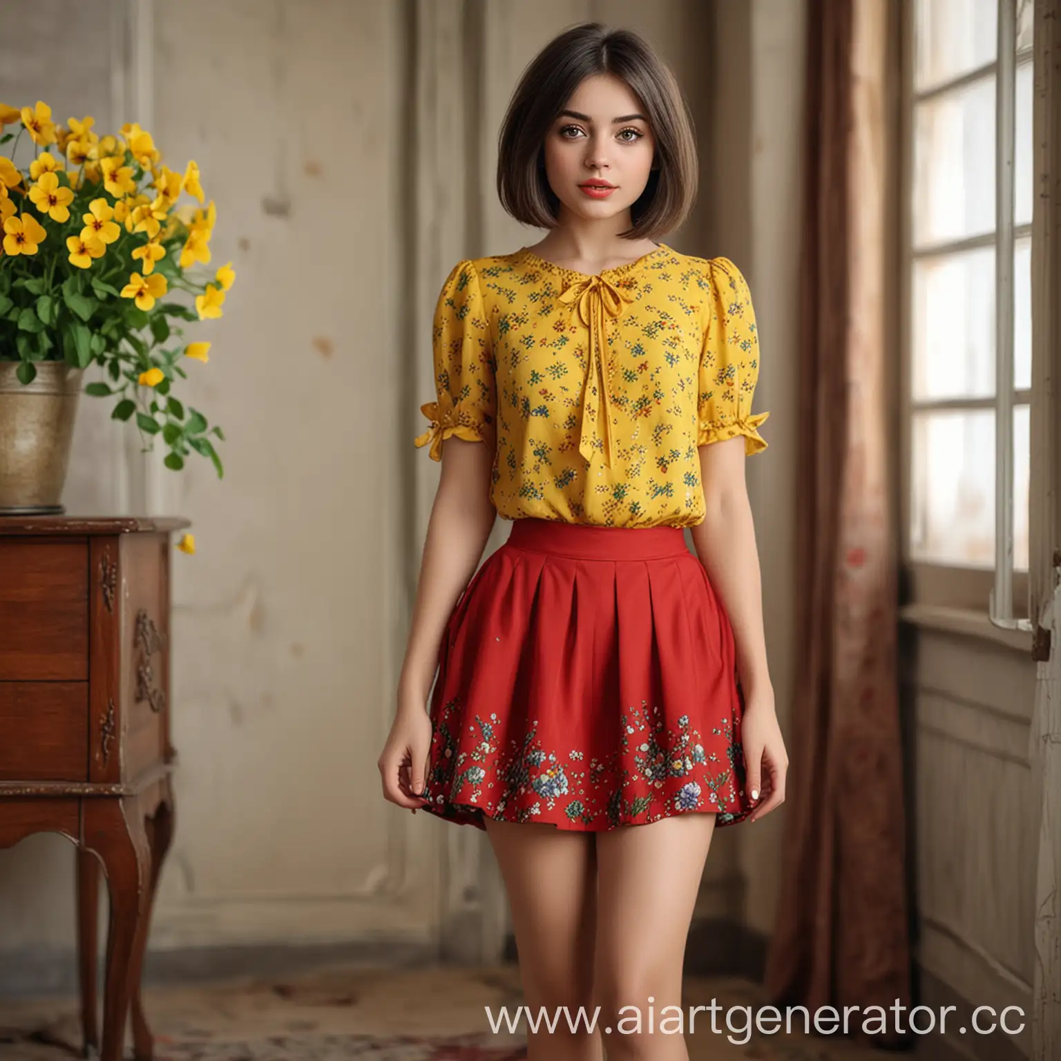 Girl-with-Bob-Cut-and-Pansy-Blouse-in-Room-Setting