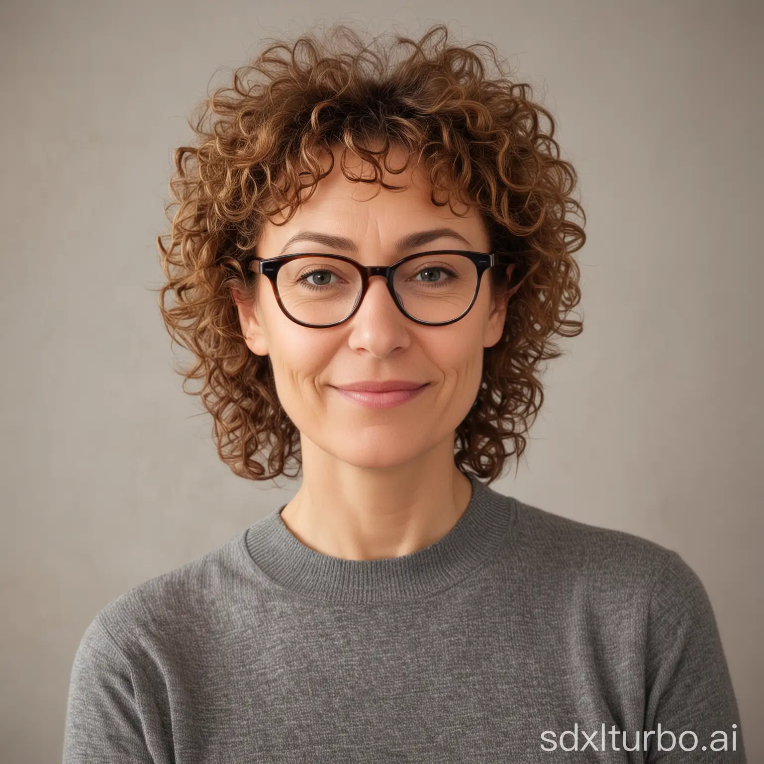 Lady, German, chestnut curly hair, 52 years old, horn-rimmed glasses, dimples, light skin impurities, half-close