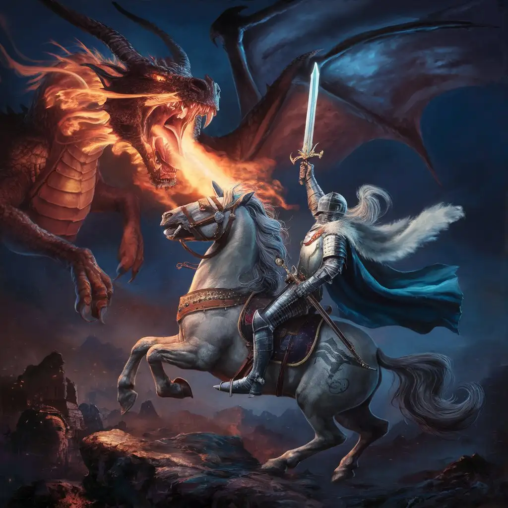 A brave knight on horseback wielding a sword, facing off against a fire-breathing dragon.
