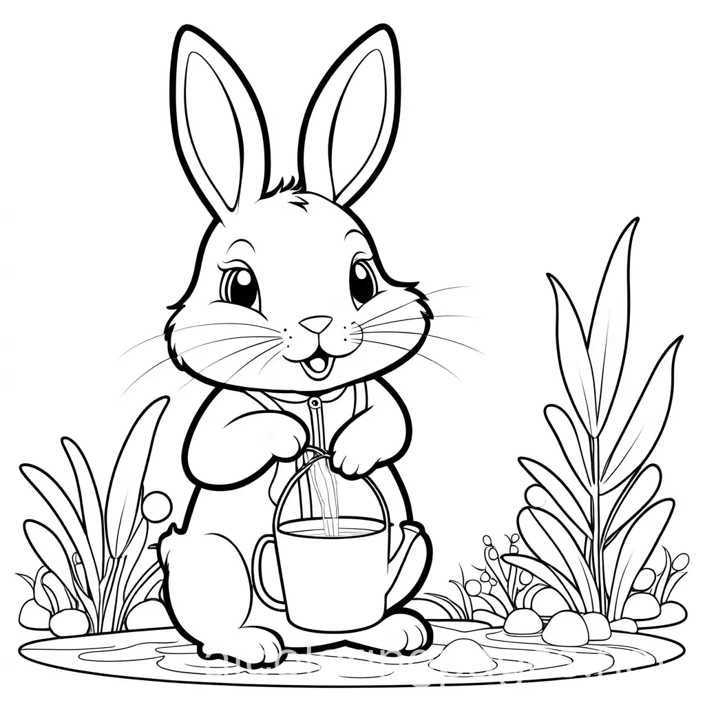 Rabbit  and watering carrot 
, Coloring Page, black and white, line art, white background, Simplicity, Ample White Space. The background of the coloring page is plain white to make it easy for young children to color within the lines. The outlines of all the subjects are easy to distinguish, making it simple for kids to color without too much difficulty