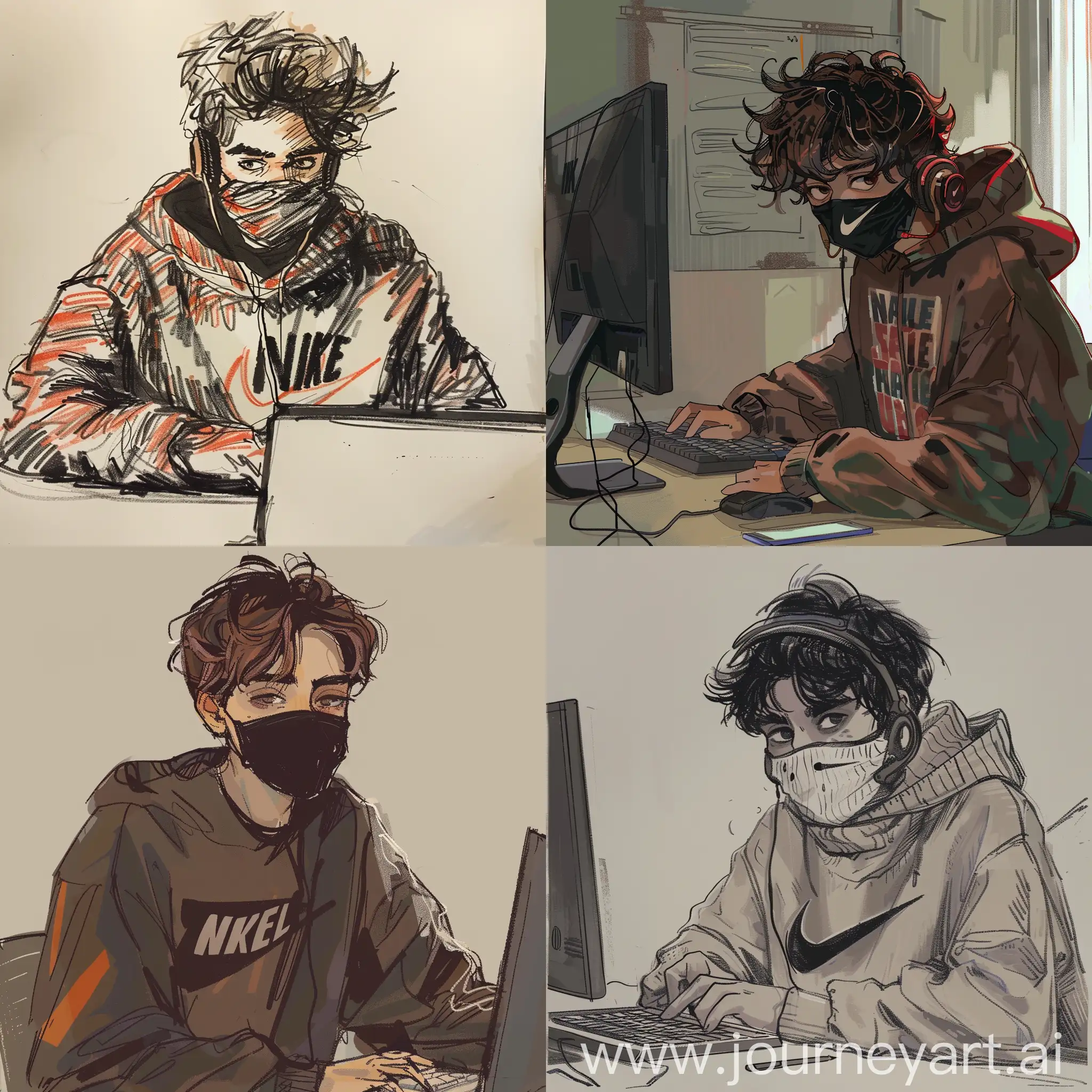Disappointed-Young-Man-in-Nike-Mask-Snood-at-Computer-with-Fake-Up-Sweater