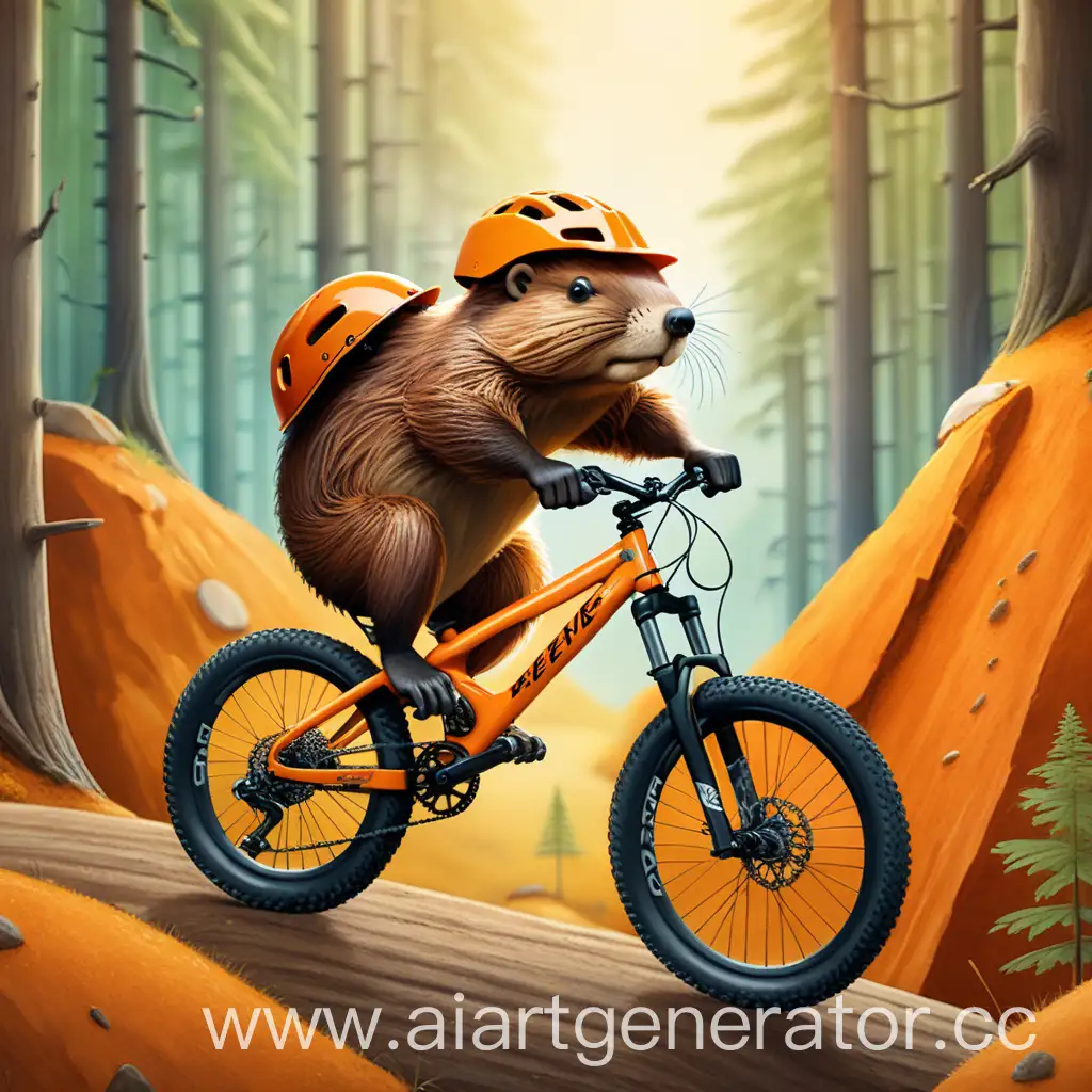 Бобр в шлеме на горном велосипеде оранжевого цвета в лесу