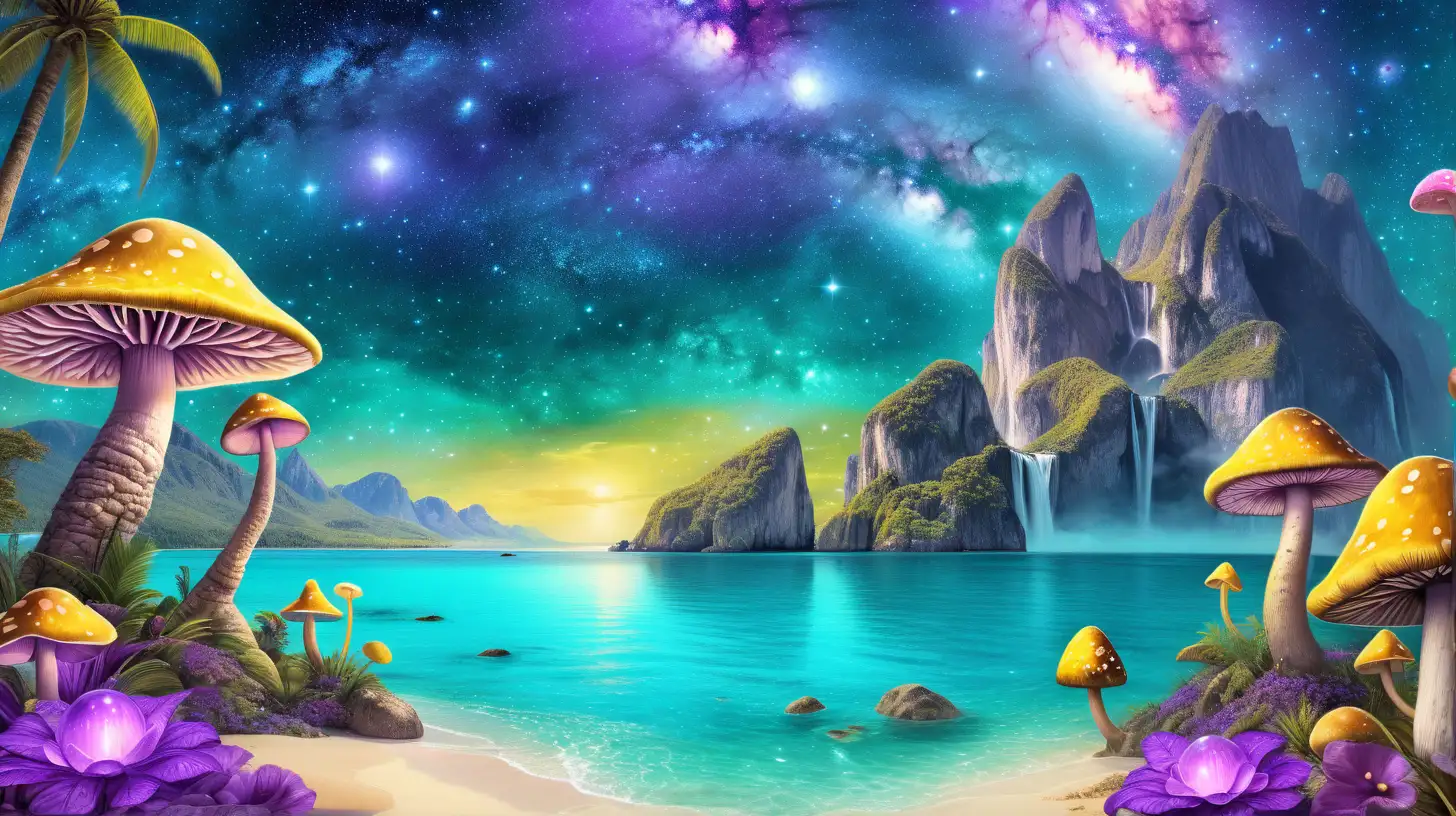 Yellow and Turquoise Ocean Waters with fairytale green palm trees and  magical mushrooms surrounded by a purple galaxy background and mountains