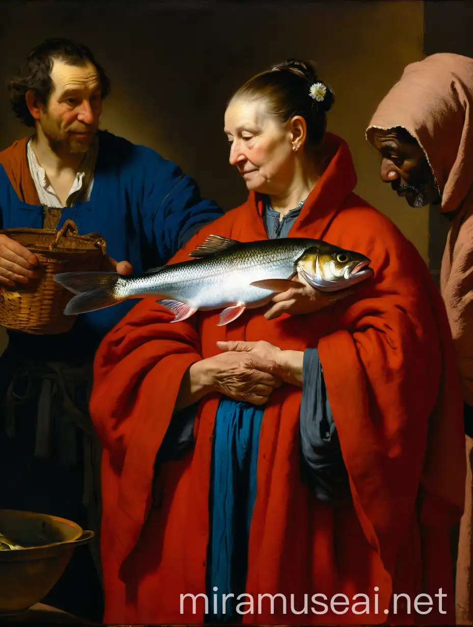 Rembrandt Style Painting Old Woman Cooking Fish with Dramatic Chiaroscuro Lighting
