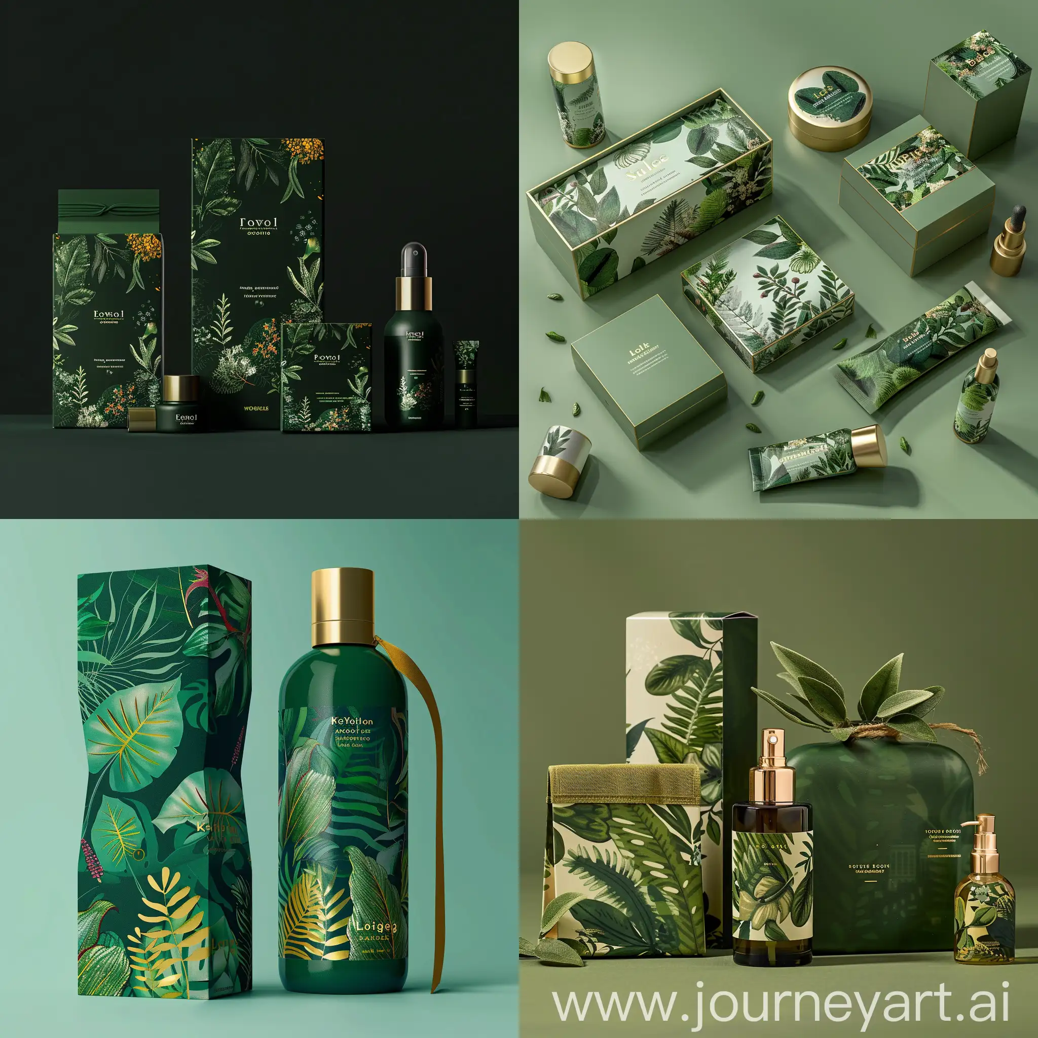 packaging for natural cosmetics green with texts, modern dolce gabbana style