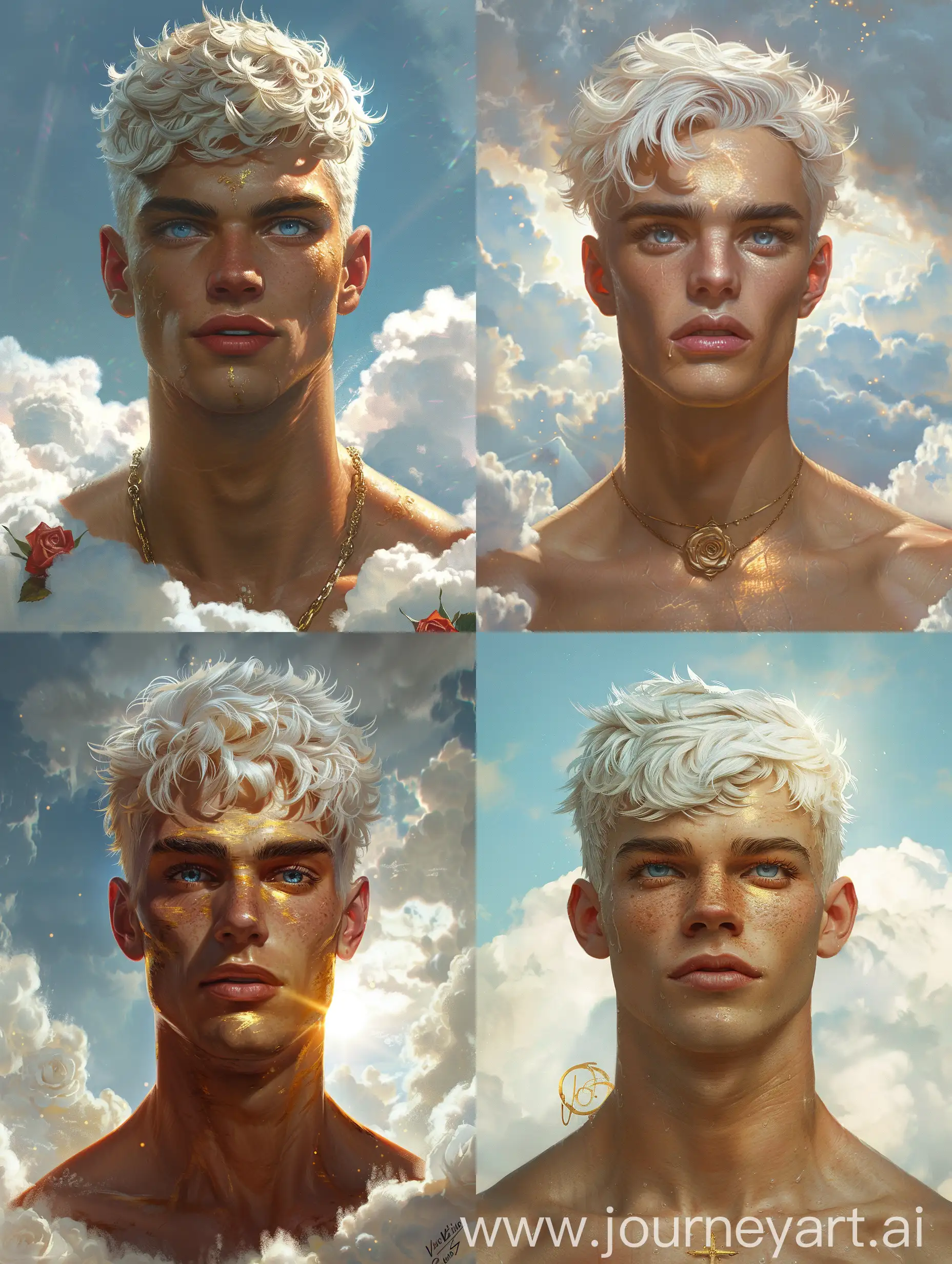 Subject: a demigod of unnatural power and beauty as a man; bronze tanned golden skin, short silky shiny white hair, dark blue eyes, very muscular and lean and toned and chiseled, feminine wiles and features, oval-square shaped face with full lips, roses and defined cheekbones, almond shaped eyes. 
Setting: high up in the clouds with the beautiful realm of the sky behind him shinning bright for its young prince. 
Style/coloring: extremely realistic painted realism, detailed digital painting concept art, detailed paiting by gaston bussiere, craig mullins A mystical, dreamlike portrait in a cinematic style, Ed Emsh, Virgil Finlay, Norman Saunders, Hubert Rogers, Earle Bergey, Kelly Freas --upbeta --s 250