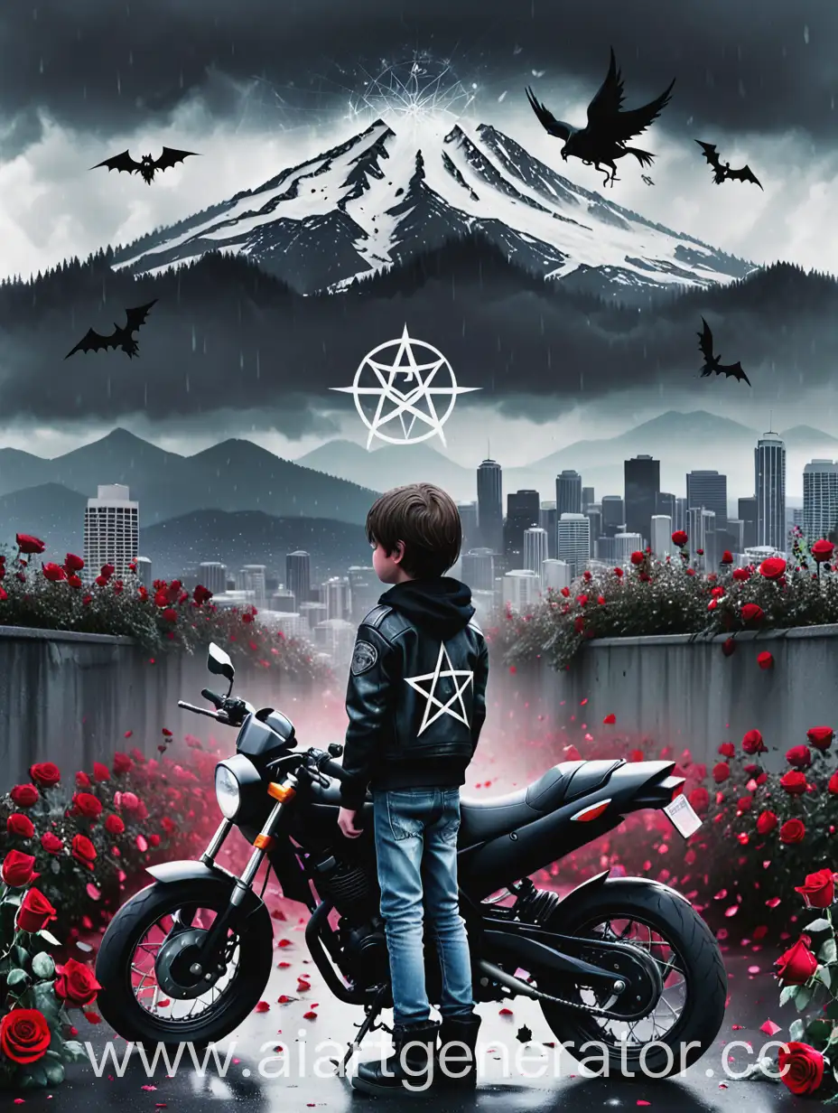 Seattle-Cityscape-Boy-with-Black-Motorcycle-and-Pentagram-in-Nightmarish-Sky