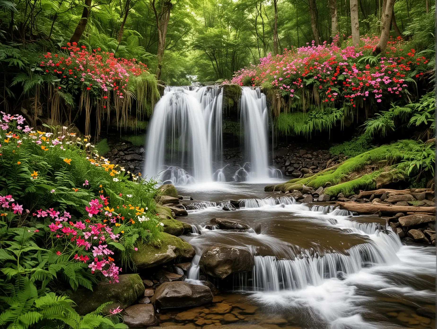 Tranquil-Forest-Waterfall-with-Blooming-Flowers-and-Gentle-Stream-for-Stress-Relief