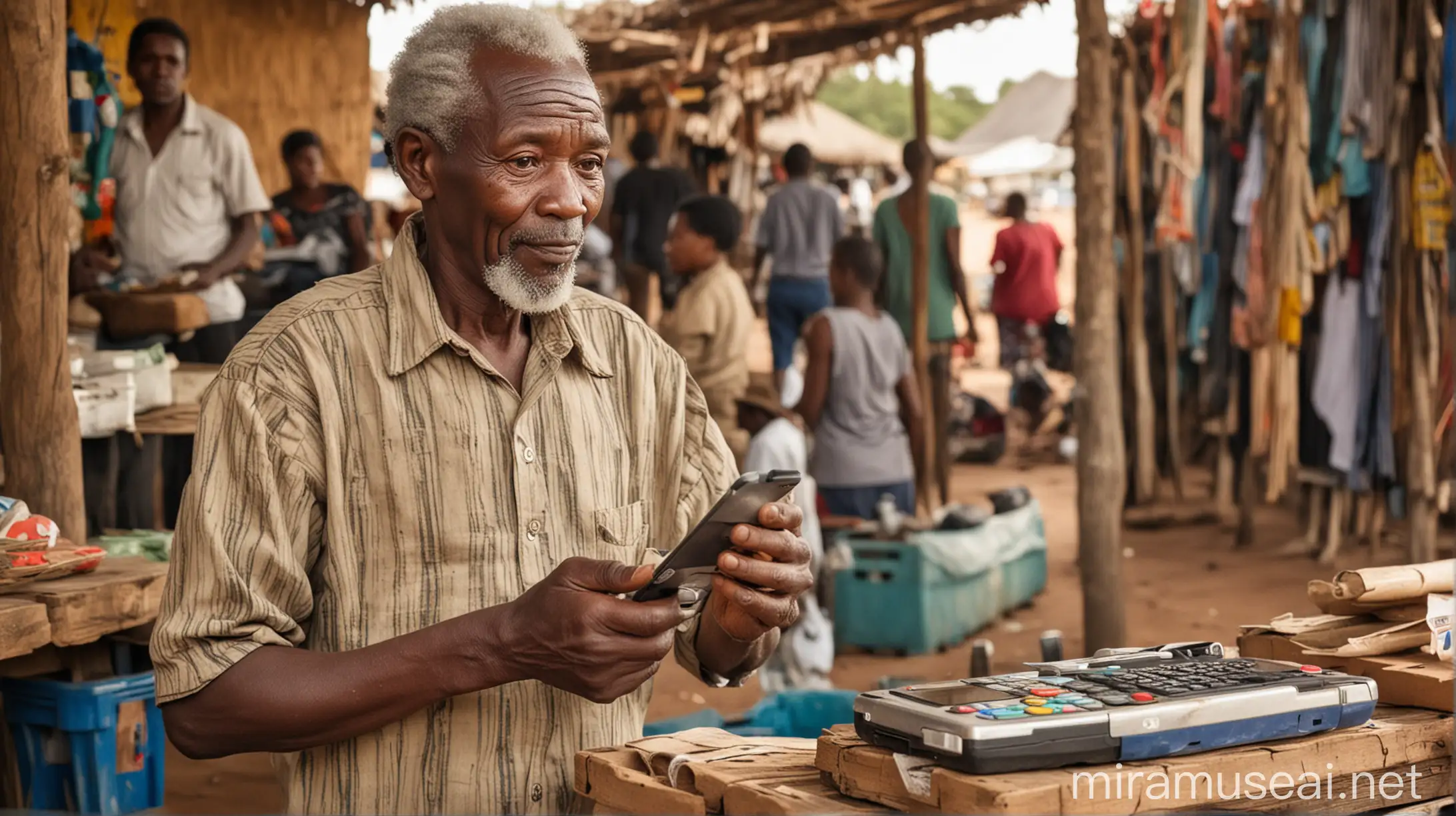 old african man selling in a local mozambique market holding a mobile point of sale system and using her mobile phone