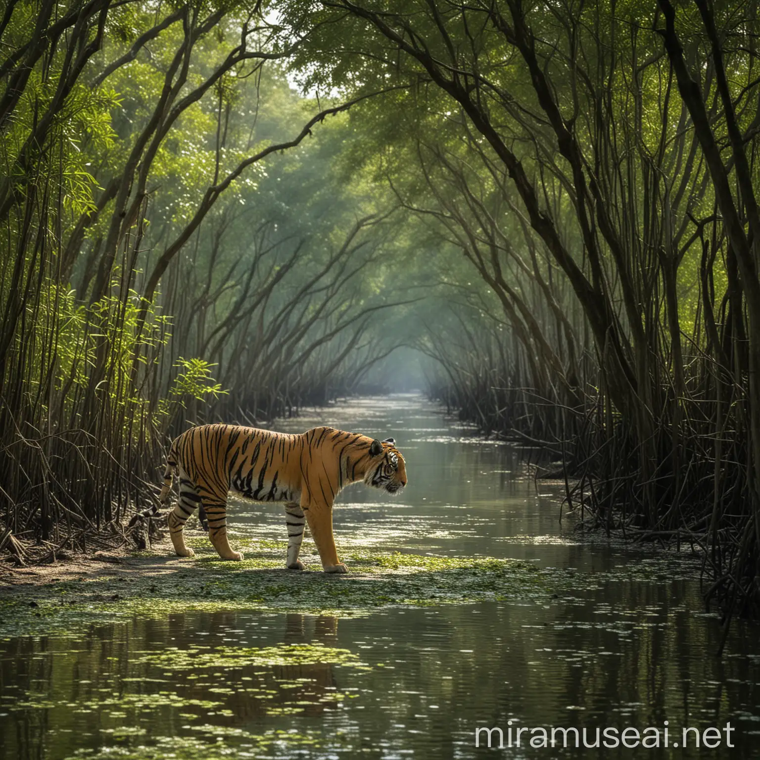 Sundarban Bangladeshi mangrove foresr green tree. Royal Bengal Tiger walking 
Cinematic Universe 