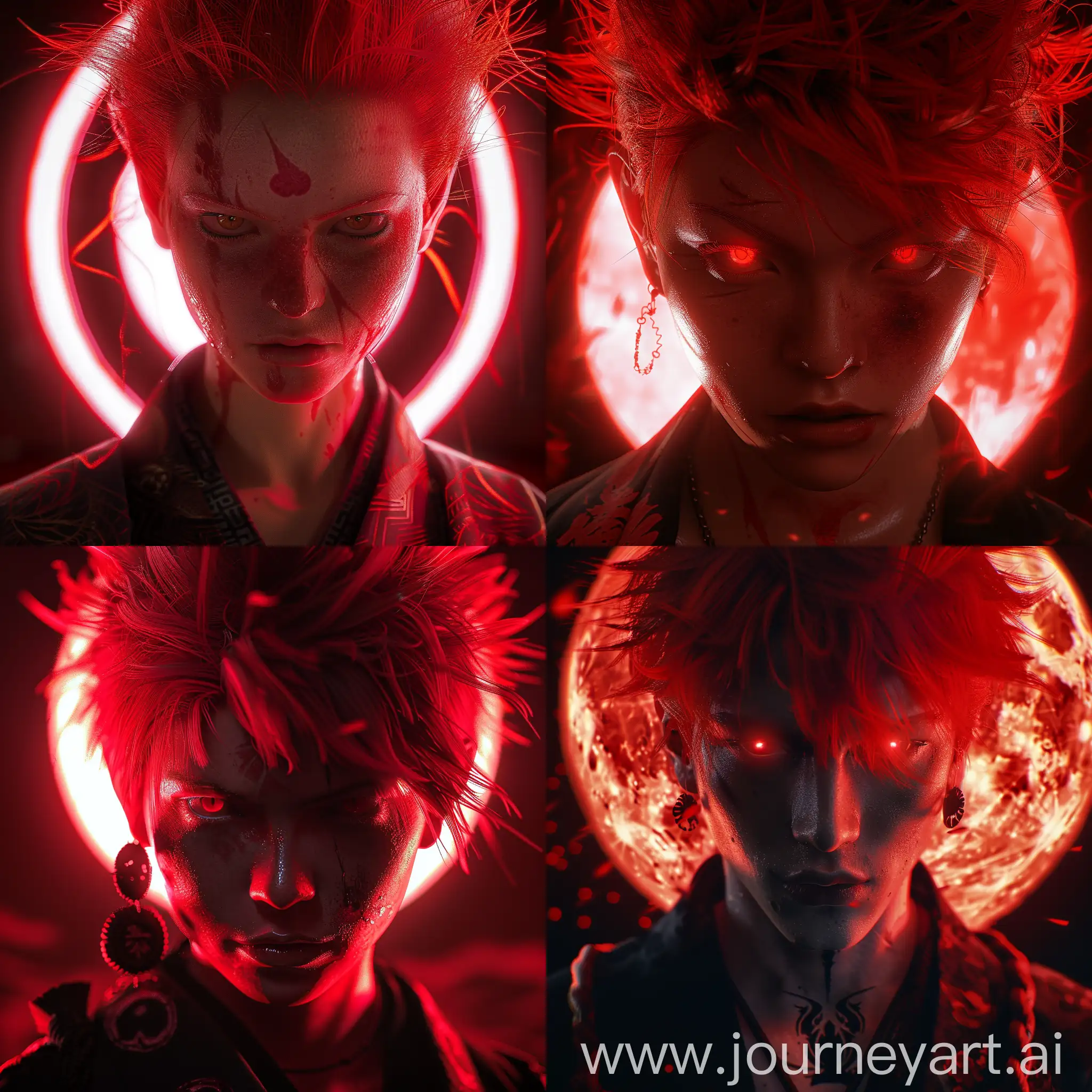 Sukuna-Portrait-with-Red-Hair-and-Demon-Look-under-Full-Red-Moon
