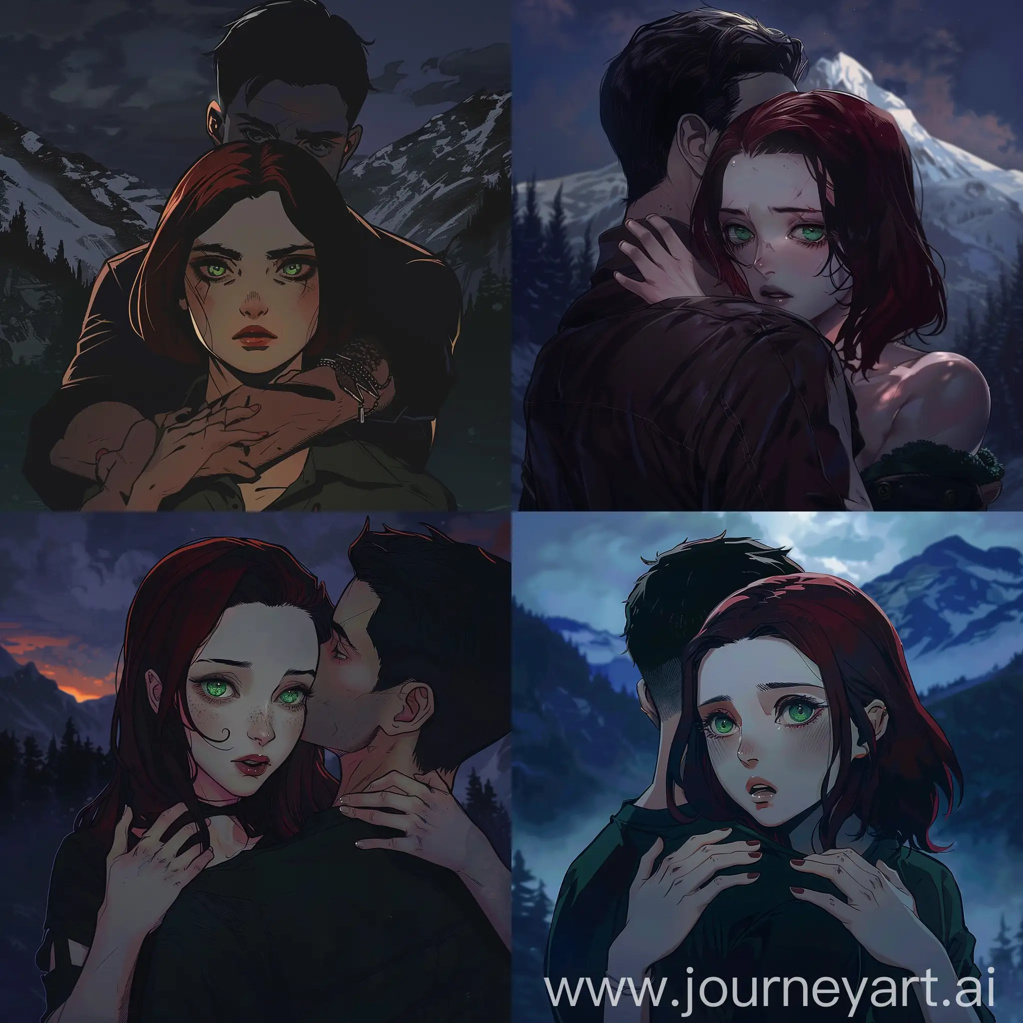 темно-Рыжая девушка с зелеными глазами и узким лицом, тонкими губами и курносым носом, стоит на фоне горы ночью, сзади ее обнимает мужчина с короткими чёрными волосами, его руки на ее шее.