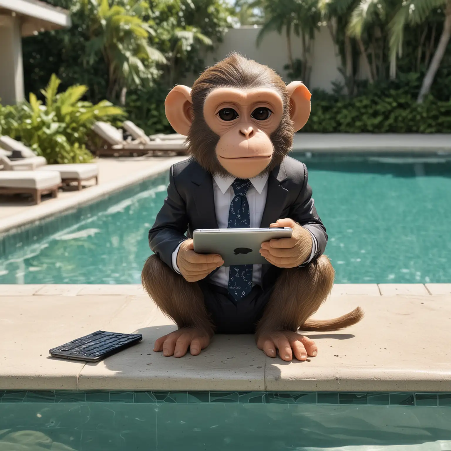 Monkey Businessman Working on iPad by the Pool with FUNKOPOP
