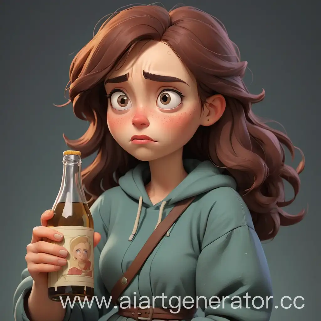 мультяшная грустная женщина держит в руке бутылку 