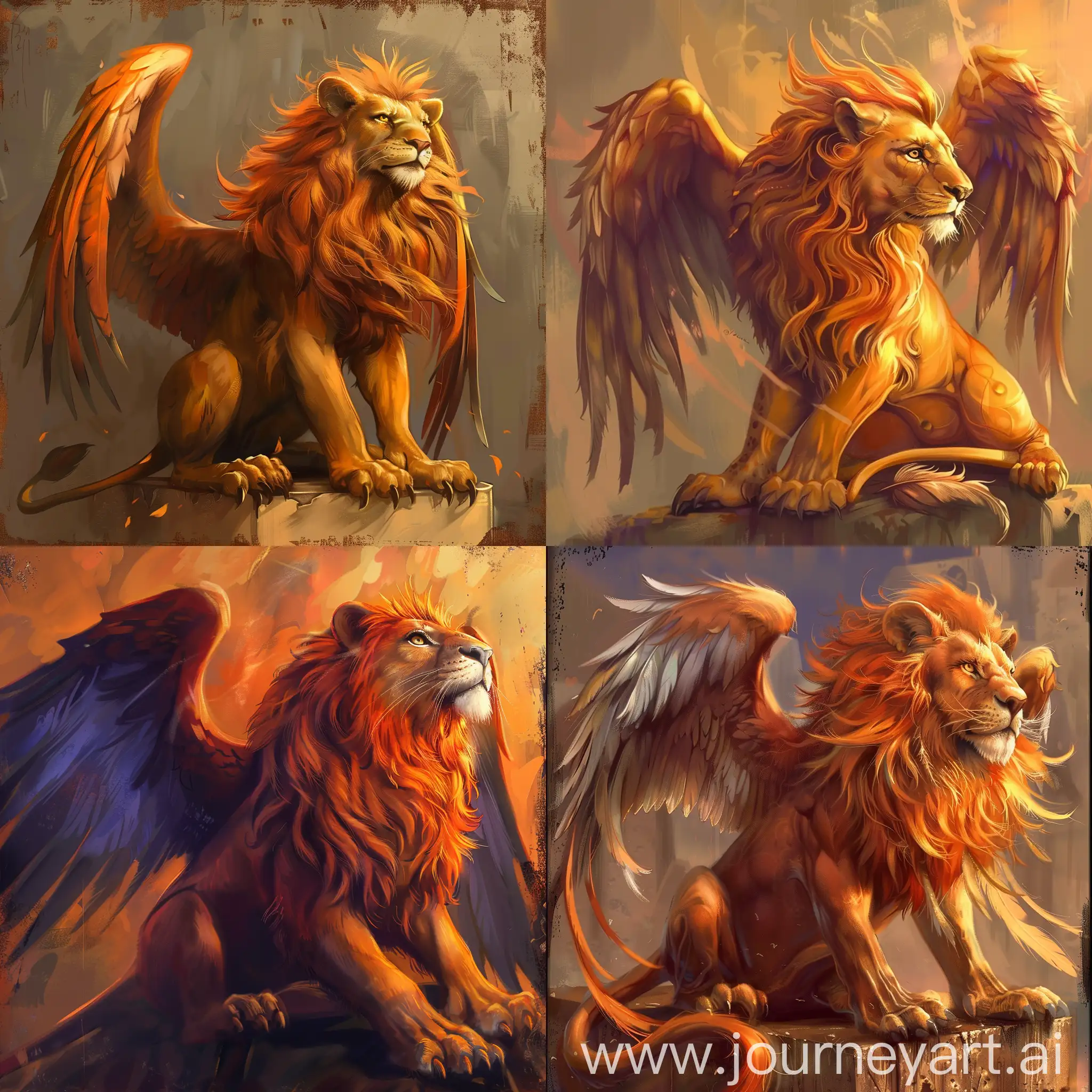 griffon, powerful lion with the head of an eagle, beautiful wings, orange color, dramatic