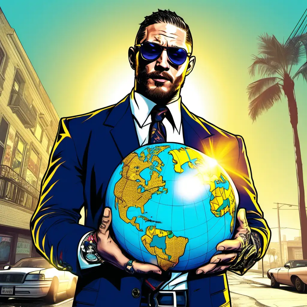 Tom Hardy, holding a globe of the earth, golden prophet, blue light aura, wearing sun glasses, GTA 5 style artwork.