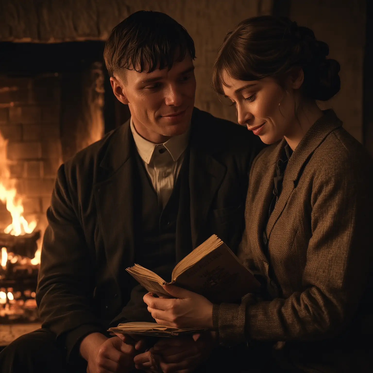 Tommy Shelby and Lizzie Shelby sit by a warm fireplace, their faces illuminated by the firelight. They are both dressed comfortably, with no pretense or masks. Tommy holds a book in his lap, but his gaze is fixed on Lizzie. She smiles softly back at him. The scene depicts the comfort and vulnerability found in a safe and accepting relationship