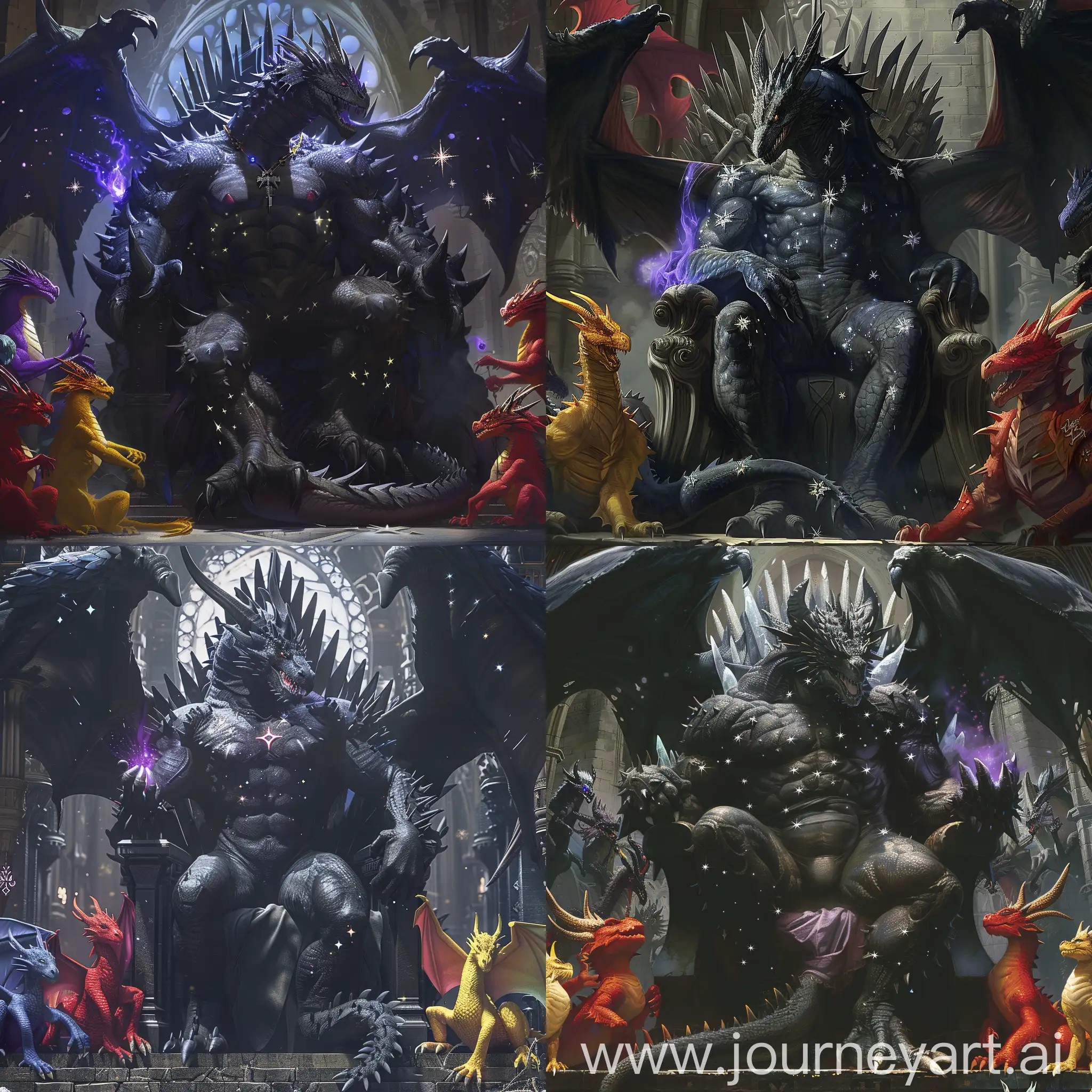 Giant black dragon on the throne in the dark castle. Dragon has stars on his huge wings. Dragon has ice spikes. In his clawed hand purple magic. His tail is long and plastic. Dragon has muscular body. His eyes is deep dark, but pupils is white. Leaned back against the back of his throne and spread his legs. Other red, yellow, rainbow dragons that smaller than him worship him.