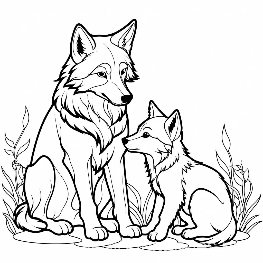 BABY WOLF PLAY WITH IS MOMMY WOLF, Coloring Page, black and white, line art, white background, Simplicity, Ample White Space. The background of the coloring page is plain white to make it easy for young children to color within the lines. The outlines of all the subjects are easy to distinguish, making it simple for kids to color without too much difficulty