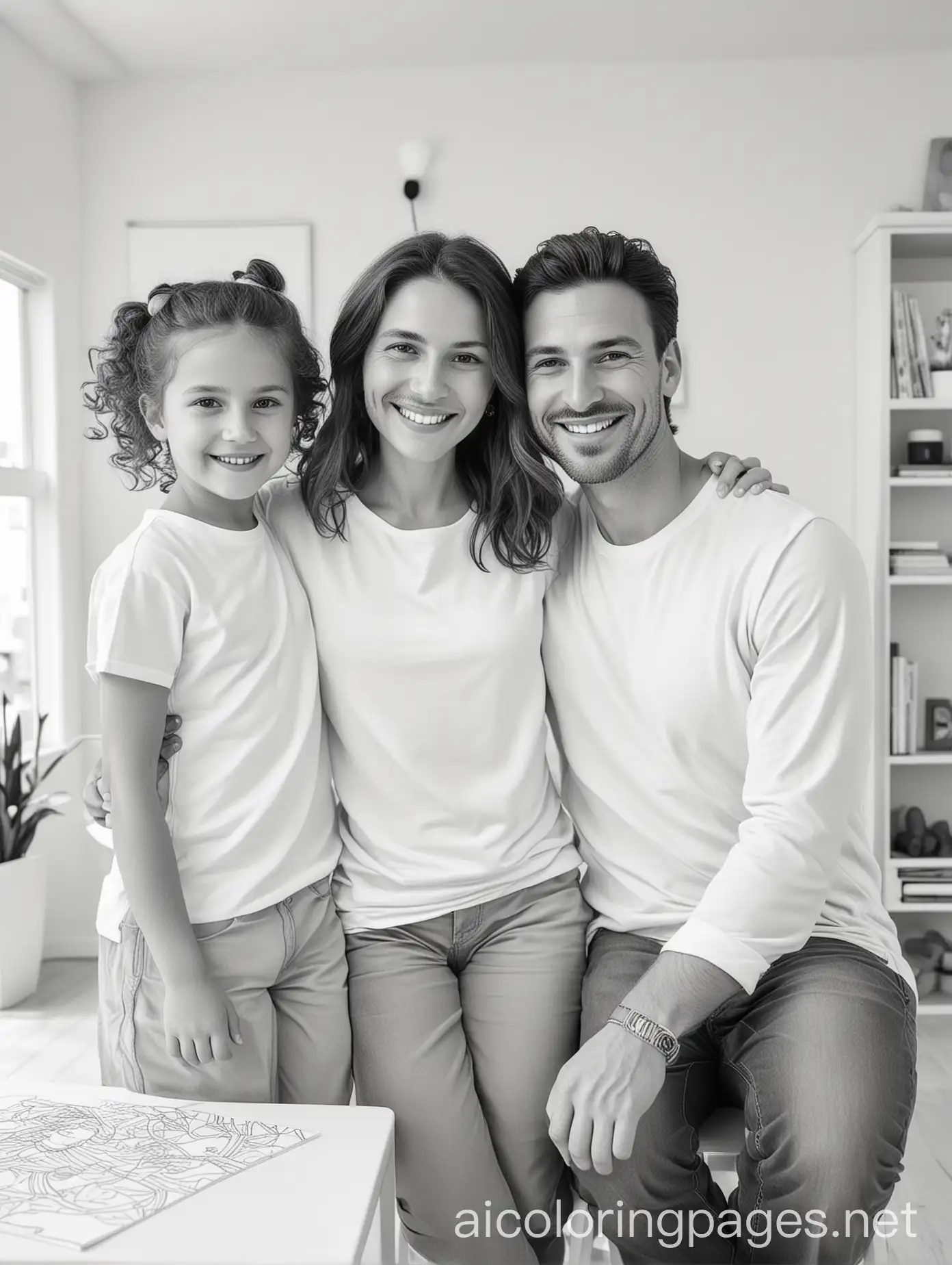 Young family at home smiling at camera

, Coloring Page, black and white, line art, white background, Simplicity, Ample White Space. The background of the coloring page is plain white to make it easy for young children to color within the lines. The outlines of all the subjects are easy to distinguish, making it simple for kids to color without too much difficulty