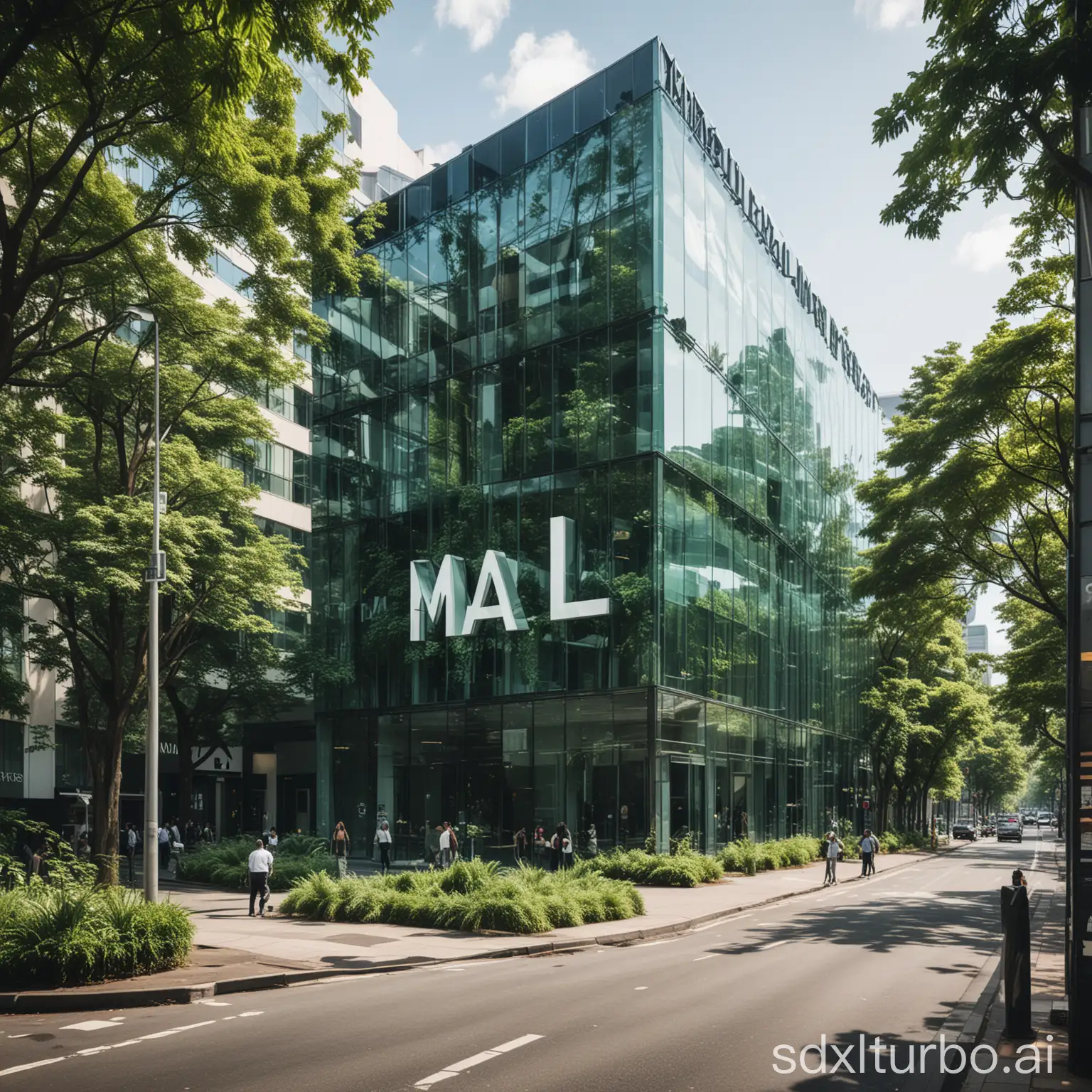 A sleek, modern office building with a glass facade stands in the middle of a bustling city. The building is surrounded by lush greenery and has a large sign on the side that reads 'Mall.'