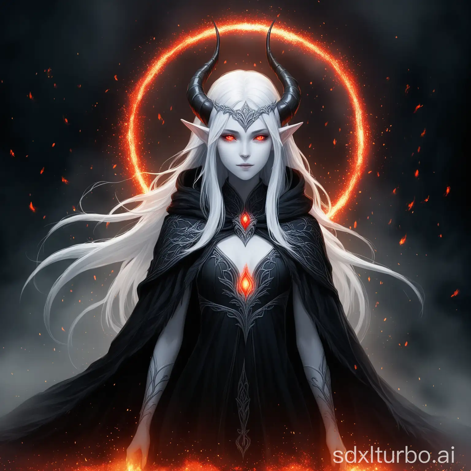 Create a dark, mystical elven character with white hair, a black horn, and pale skin. Dress her in a feathered cloak, transitioning from white to dark. Add a glowing red halo behind her head and floating embers around her in a misty, dark background.