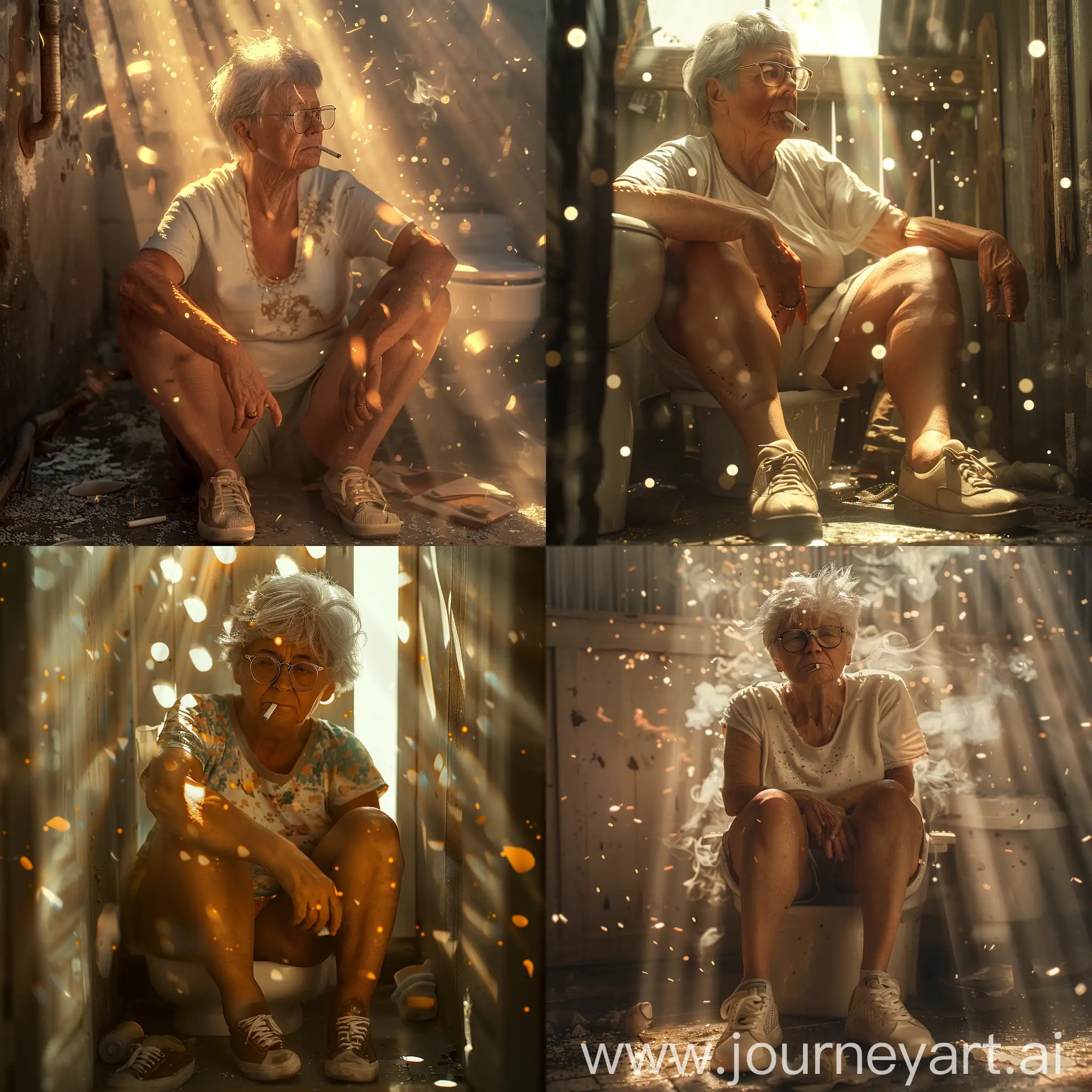 Retro 1970s frame, realism, high quality details. A shot from a real movie. A fat 50-year-old woman is sitting in a village toilet in close-up. Short gray hair. The sun's rays are falling everywhere, creating an interesting atmosphere, glasses, smoking a cigarette. Shoes and t-shirt