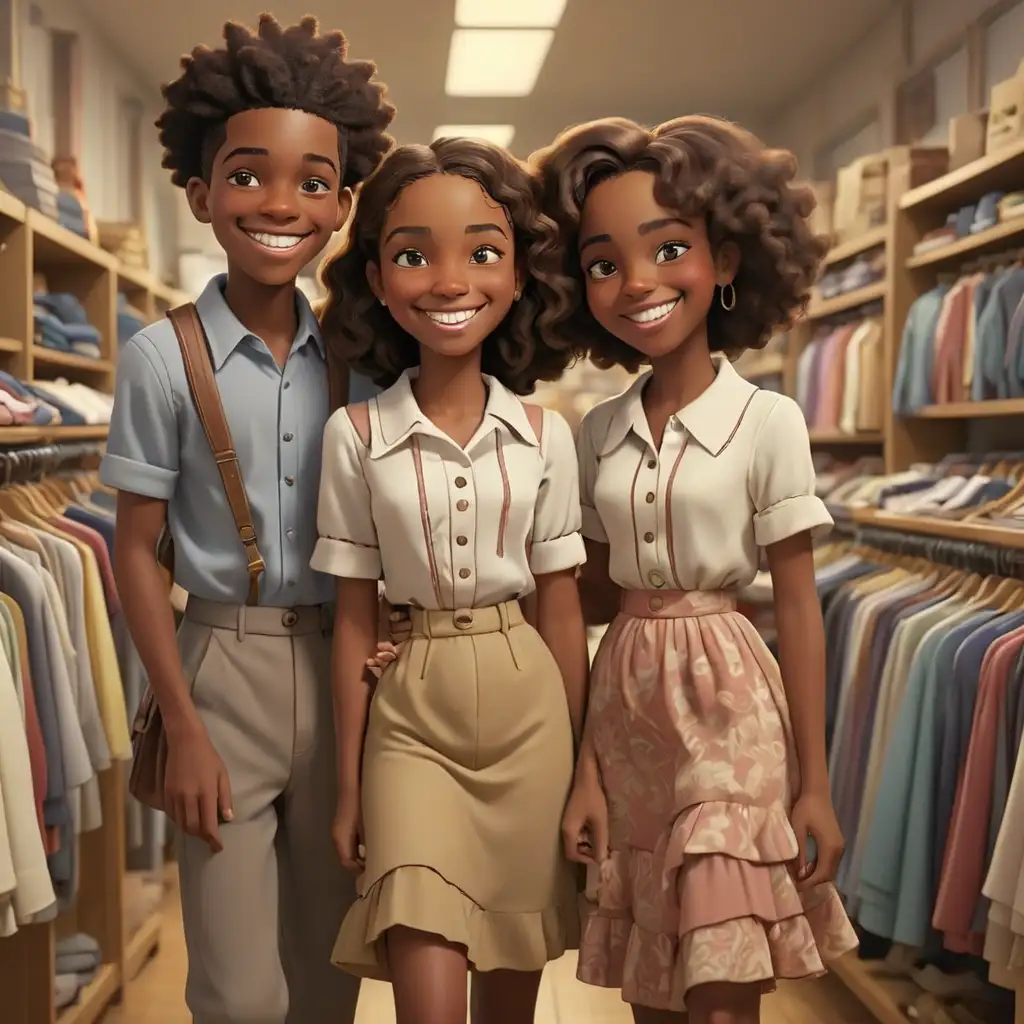 Joyful African American Teens Shopping in Retro 3D Cartoon Style